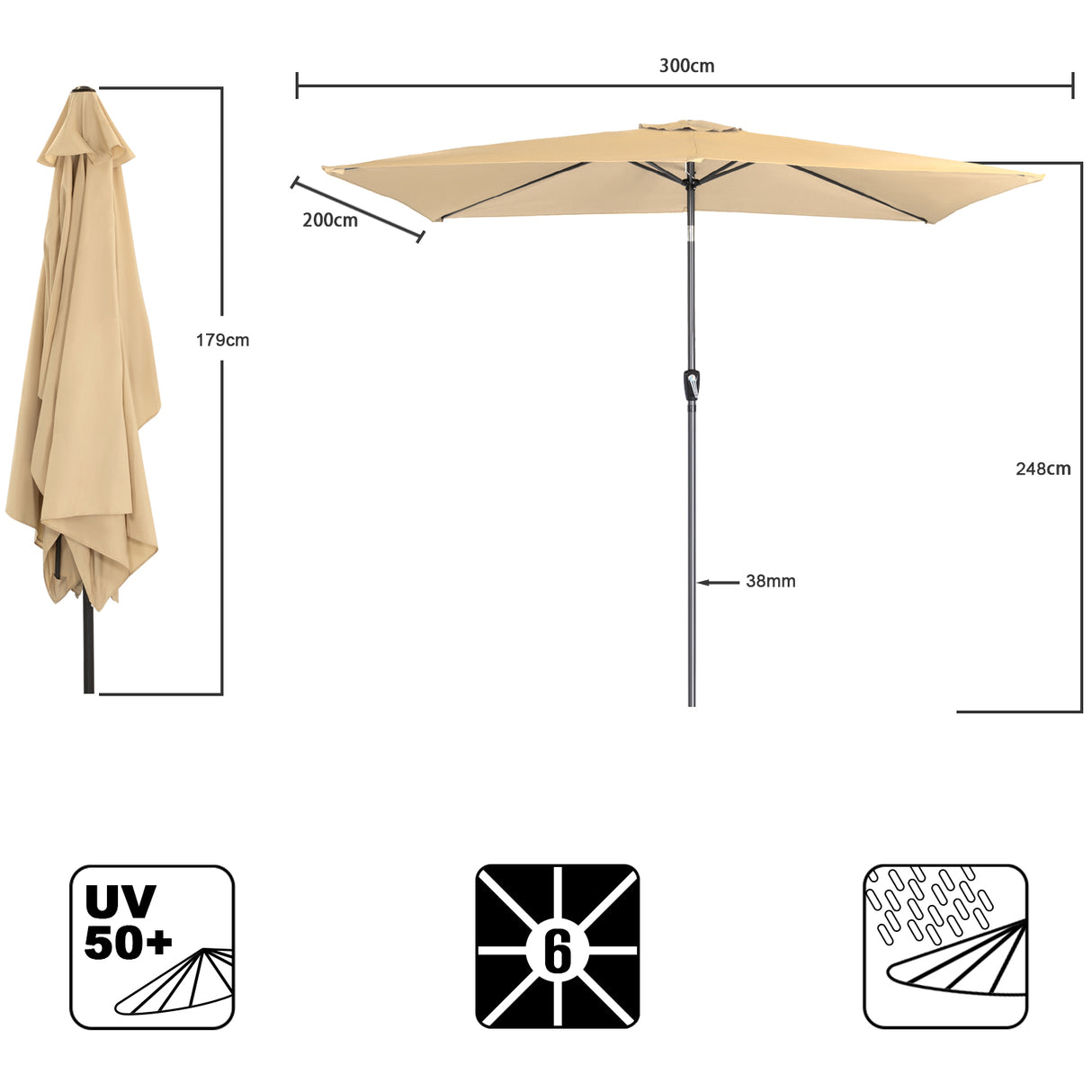 300x200cm Sonnenschirm Rechteck Sonneschirm aus aus Aluminium, Stahl und Polyester