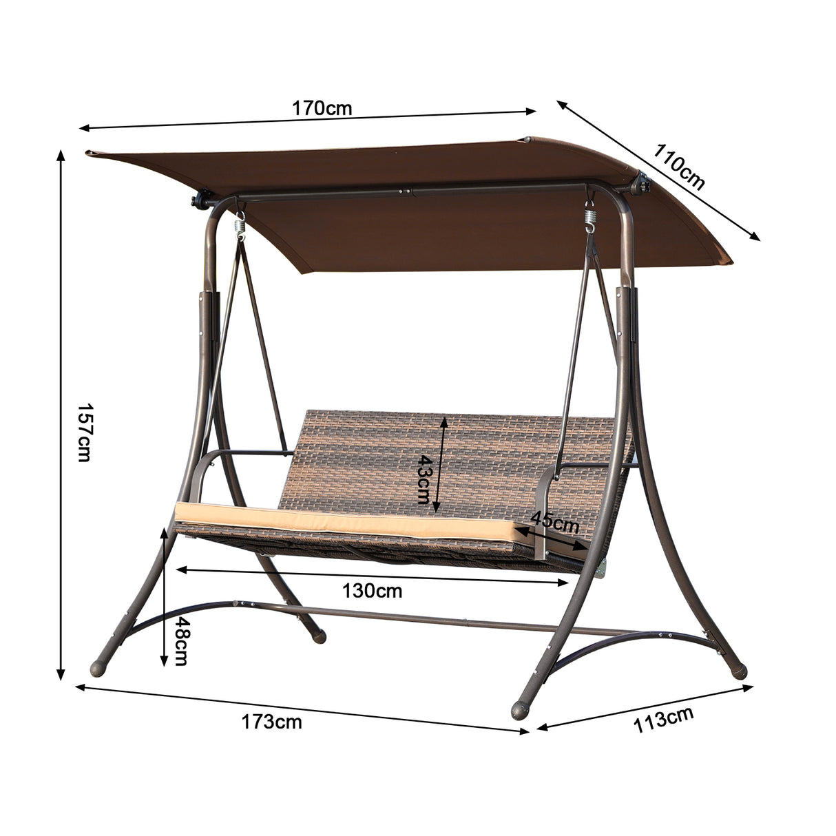Gartenschaukel 159T, mit braunem Dach und gewebtem Rattanstuhl, 170x110x153cm (3 Sitze)