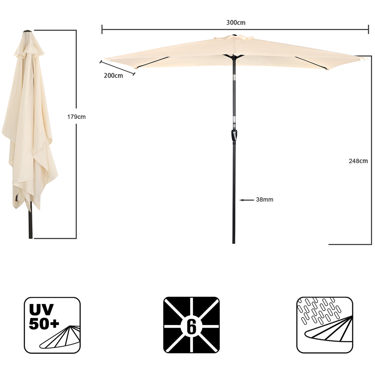 300x200cm Sonnenschirm Rechteck Sonneschirm aus aus Aluminium, Stahl und Polyester