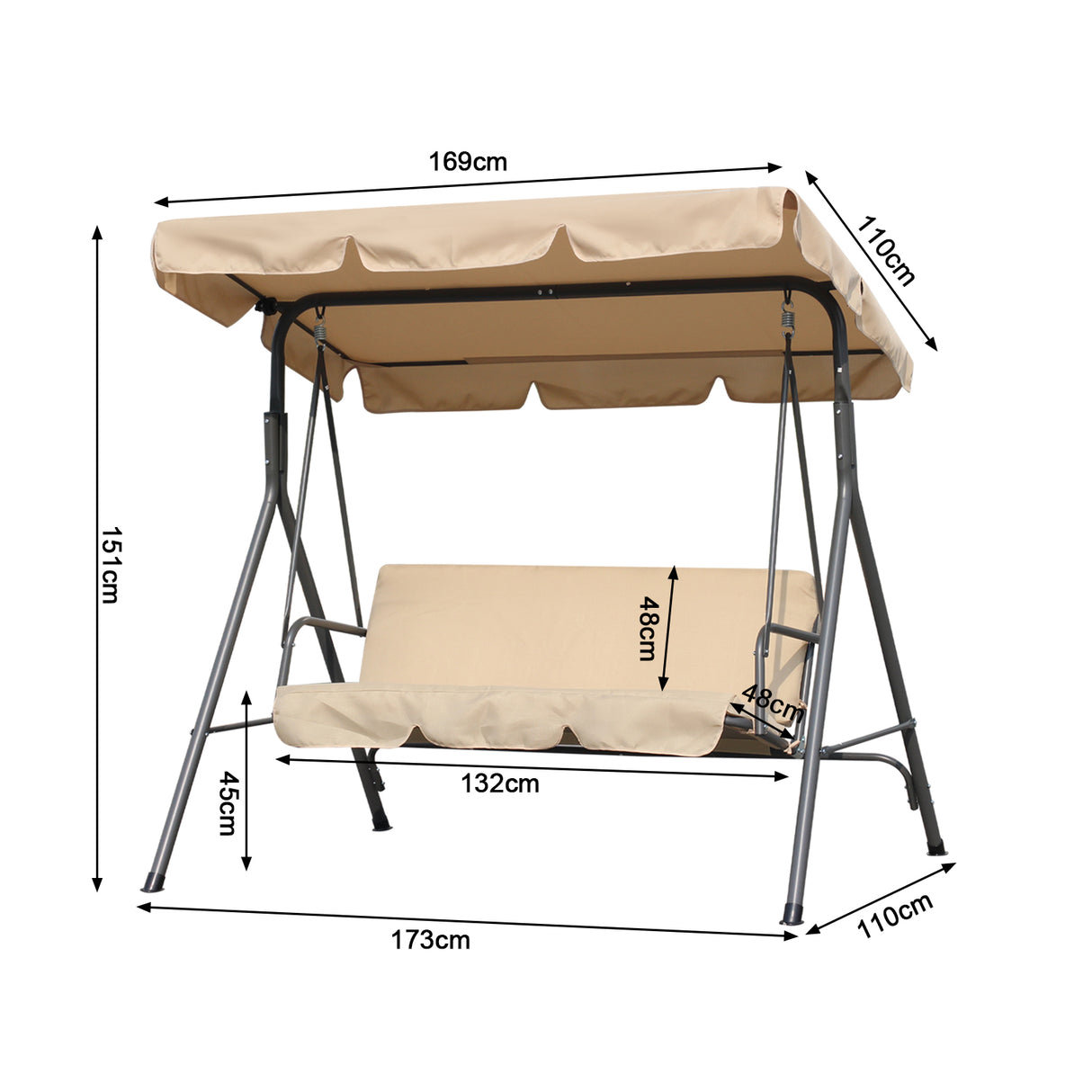 Hollywoodschaukel Gartenschaukel 3 Sitzer mit Sonnenschutz 173x110x151cm