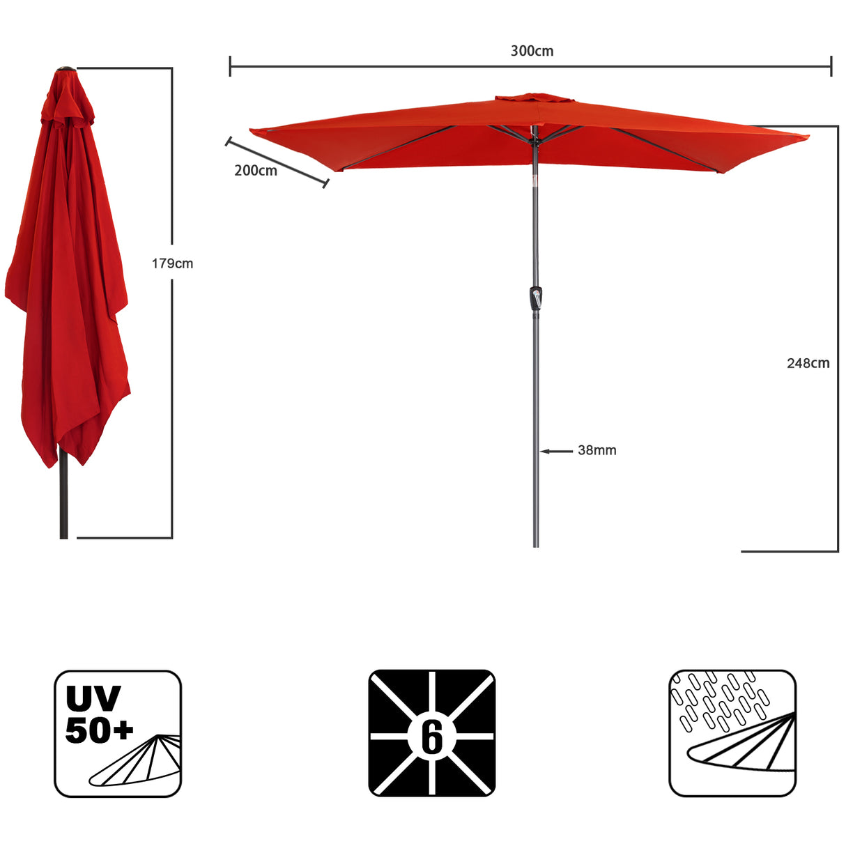 300x200cm Sonnenschirm Rechteck Sonneschirm aus aus Aluminium, Stahl und Polyester