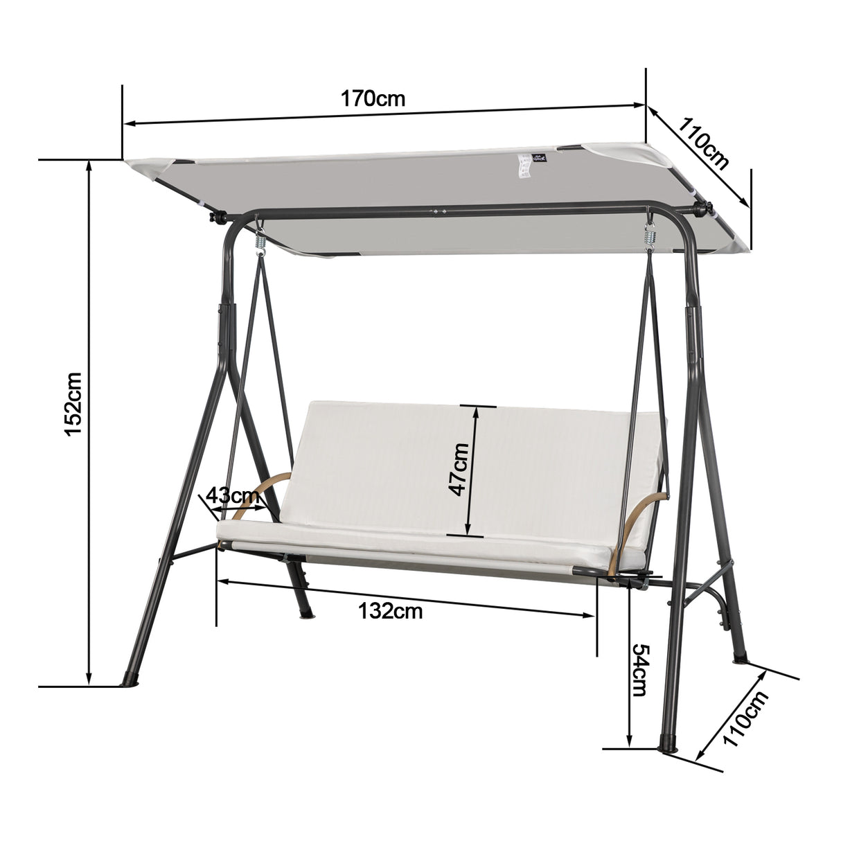 Angel Living Hollywoodschaukel 3-Sitzer Gartenschaukel mit Sonnendach und Sitzbezug 170 x 110 x 152 cm Weiß