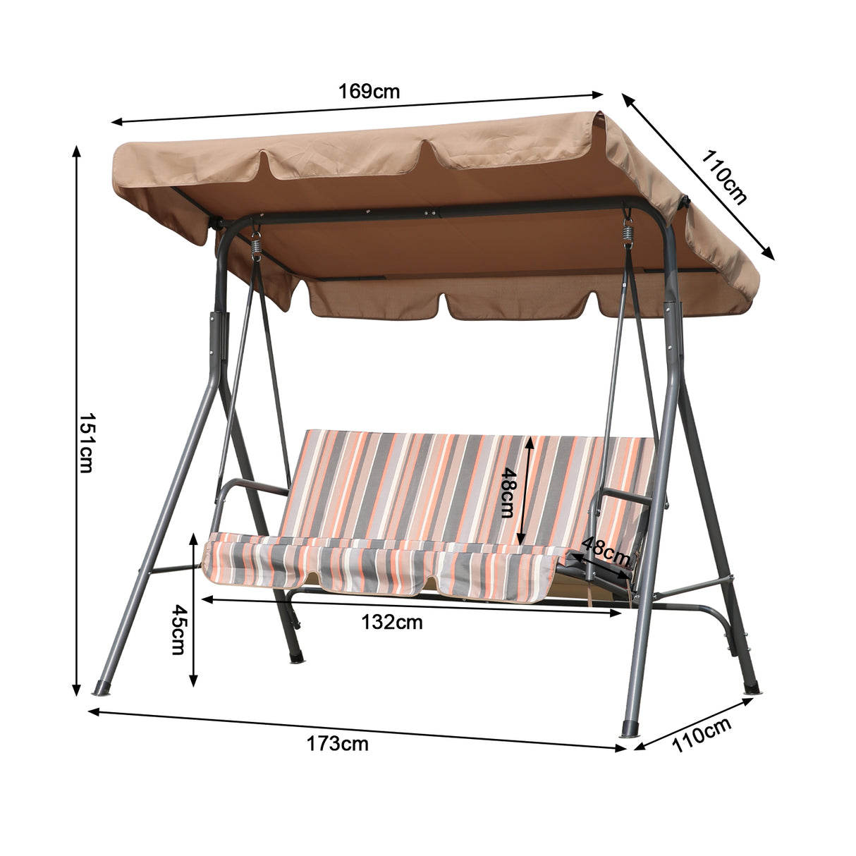Hollywoodschaukel Gartenschaukel 3 Sitzer mit Sonnenschutz 173x110x151cm