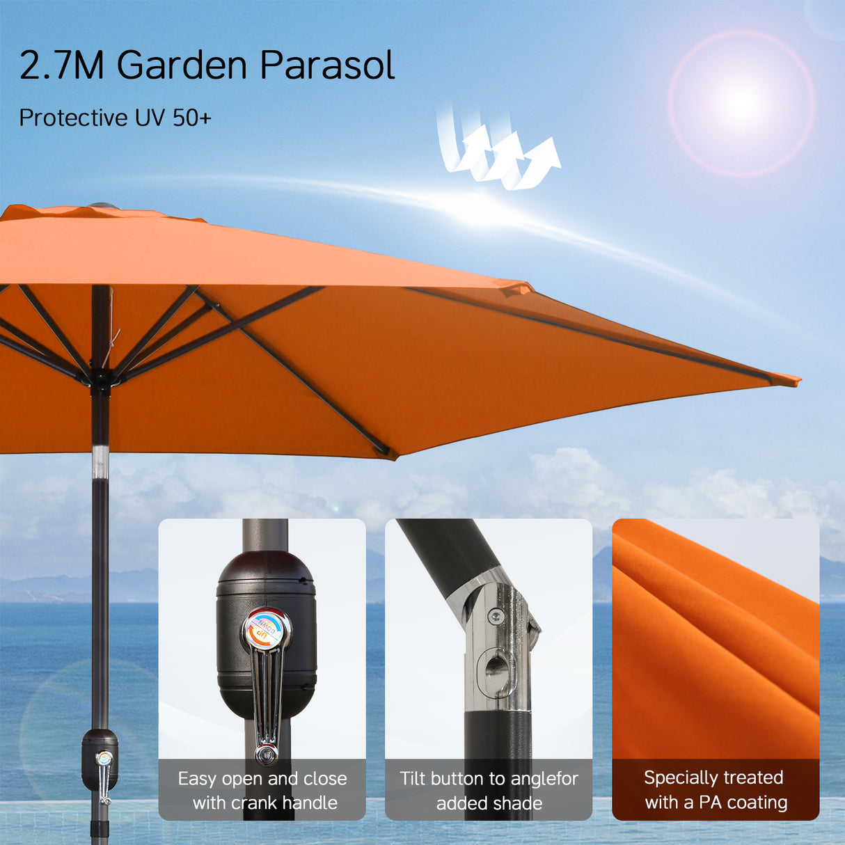 Angel Living Sonnenschirm Ø 270 cm Gartenschirm Marktschirm Terrassenschirm Taupe Rund Sonneschirm Sonnenschutz aus aus Metall, Stahl und Polyester UV50+