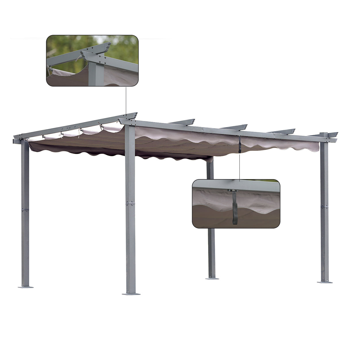 Pergola aus Aluminium in anthrazit, Dachrohre aus Stahl, Verstellbares Dach aus Polyester