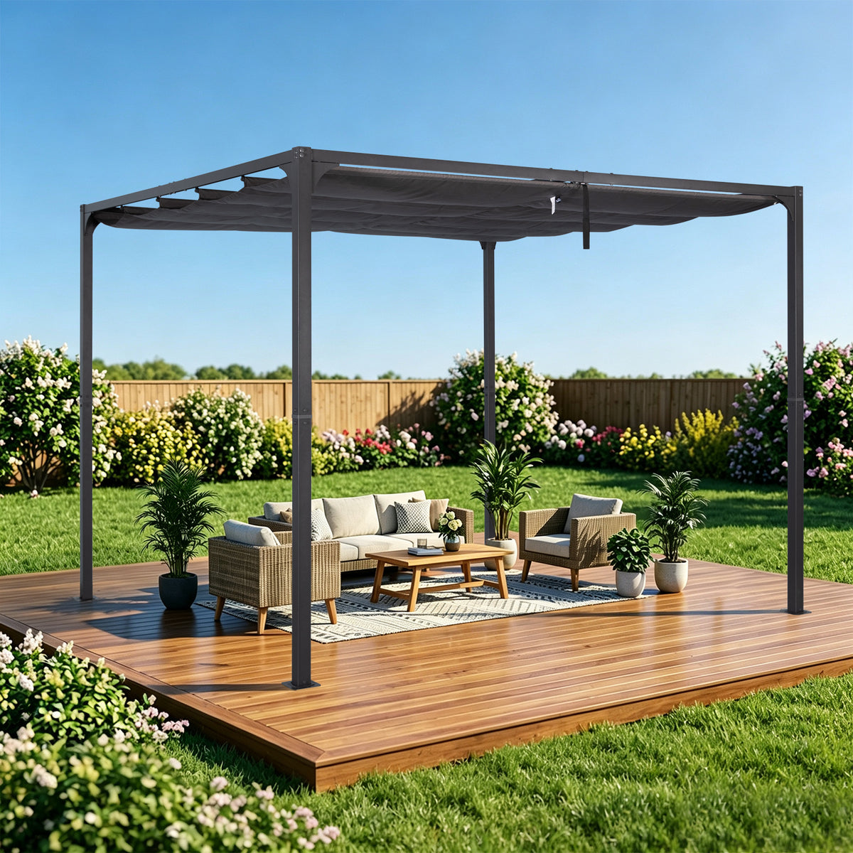 Angel Living Pergola aus einer Stahl-Aluminium-Kombination mit einziehbarem Dach, wasserdichtes Dach ohne Einfassung aus Polyester mit PU-Beschichtung, UV-beständig, für den Außenbereich: Garten, Terrasse