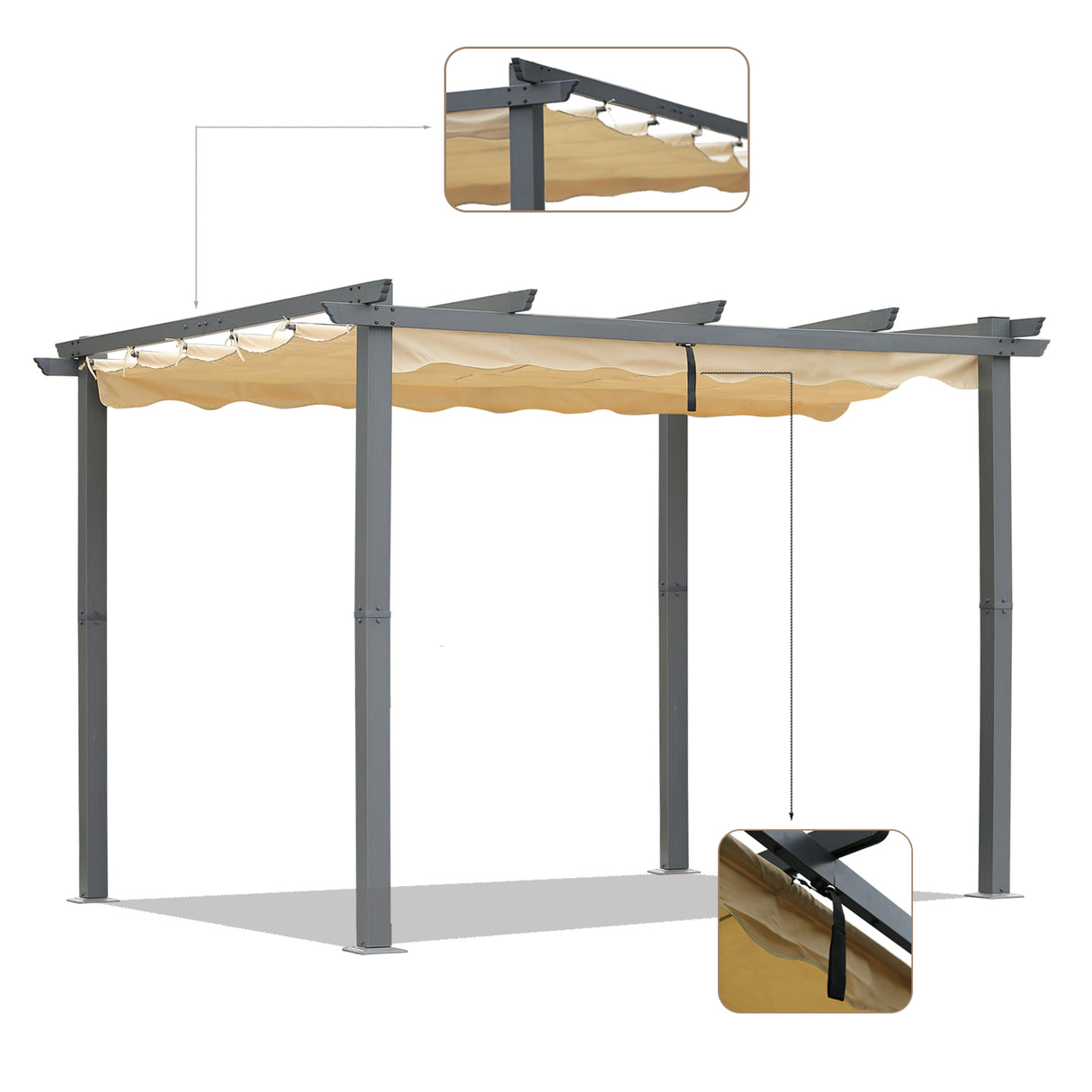 Pergola aus Aluminium in anthrazit, Dachrohre aus Stahl, Verstellbares Dach aus Polyester