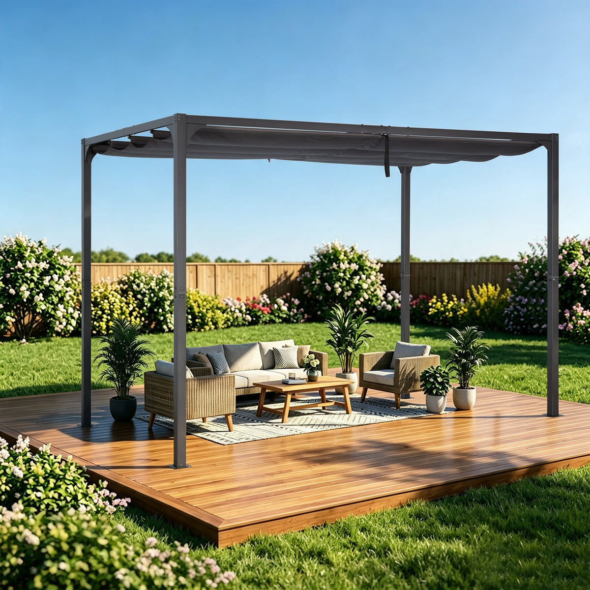 Angel Living Pergola aus einer Stahl-Aluminium-Kombination, 3 x 2 m, mit einziehbarem Dach, wasserdichtes Dach ohne Einfassung aus Polyester mit PU-Beschichtung, UV-beständig, für den Außenbereich: Garten, Terrasse