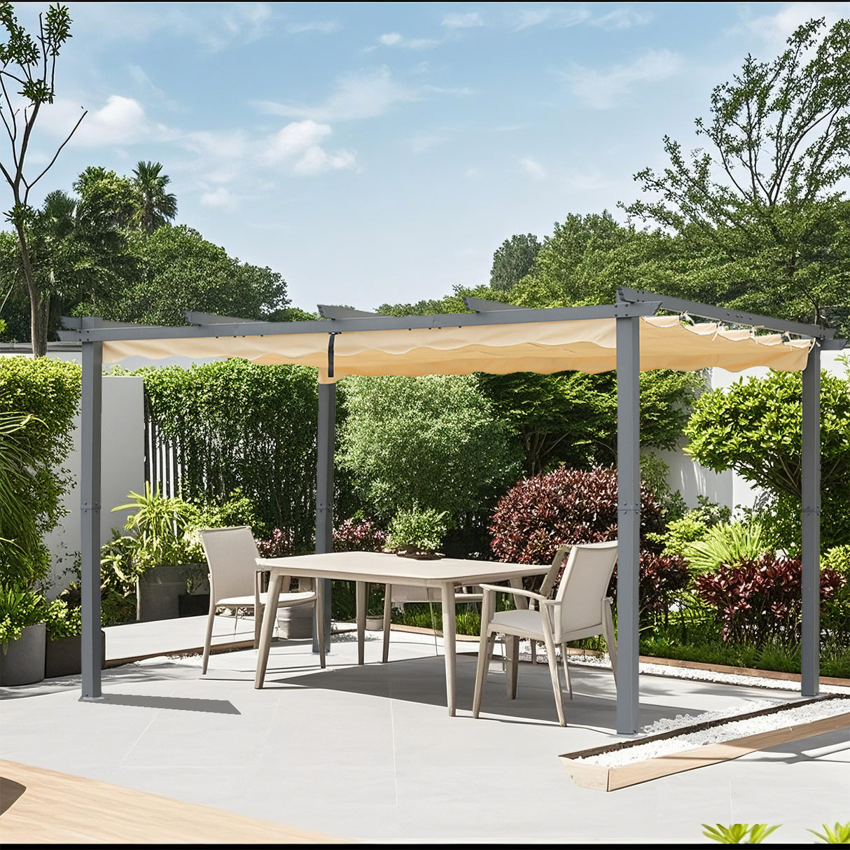 Pergola aus Aluminium in anthrazit, Dachrohre aus Stahl, Verstellbares Dach aus Polyester