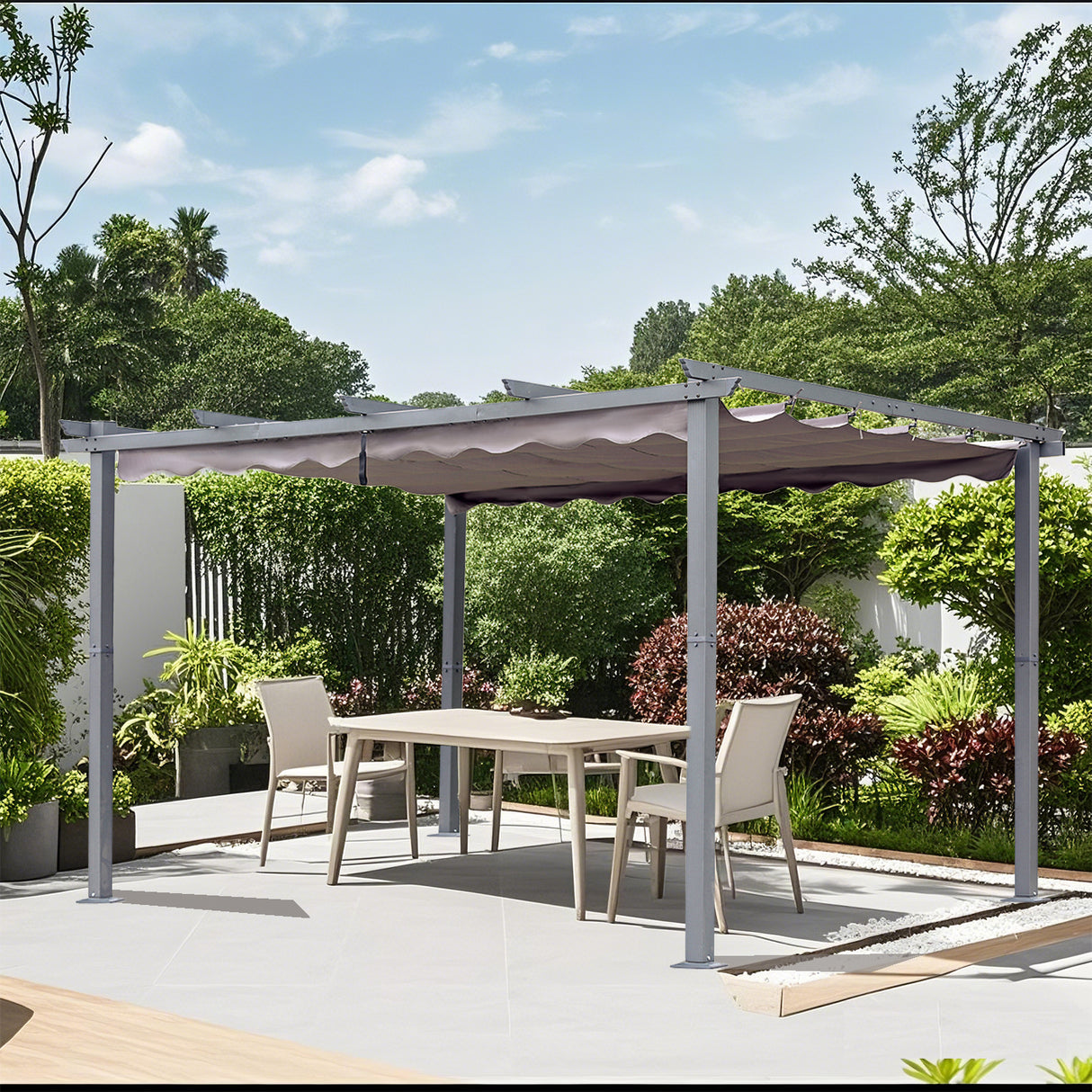 Pergola aus Aluminium in anthrazit, Dachrohre aus Stahl, Verstellbares Dach aus Polyester