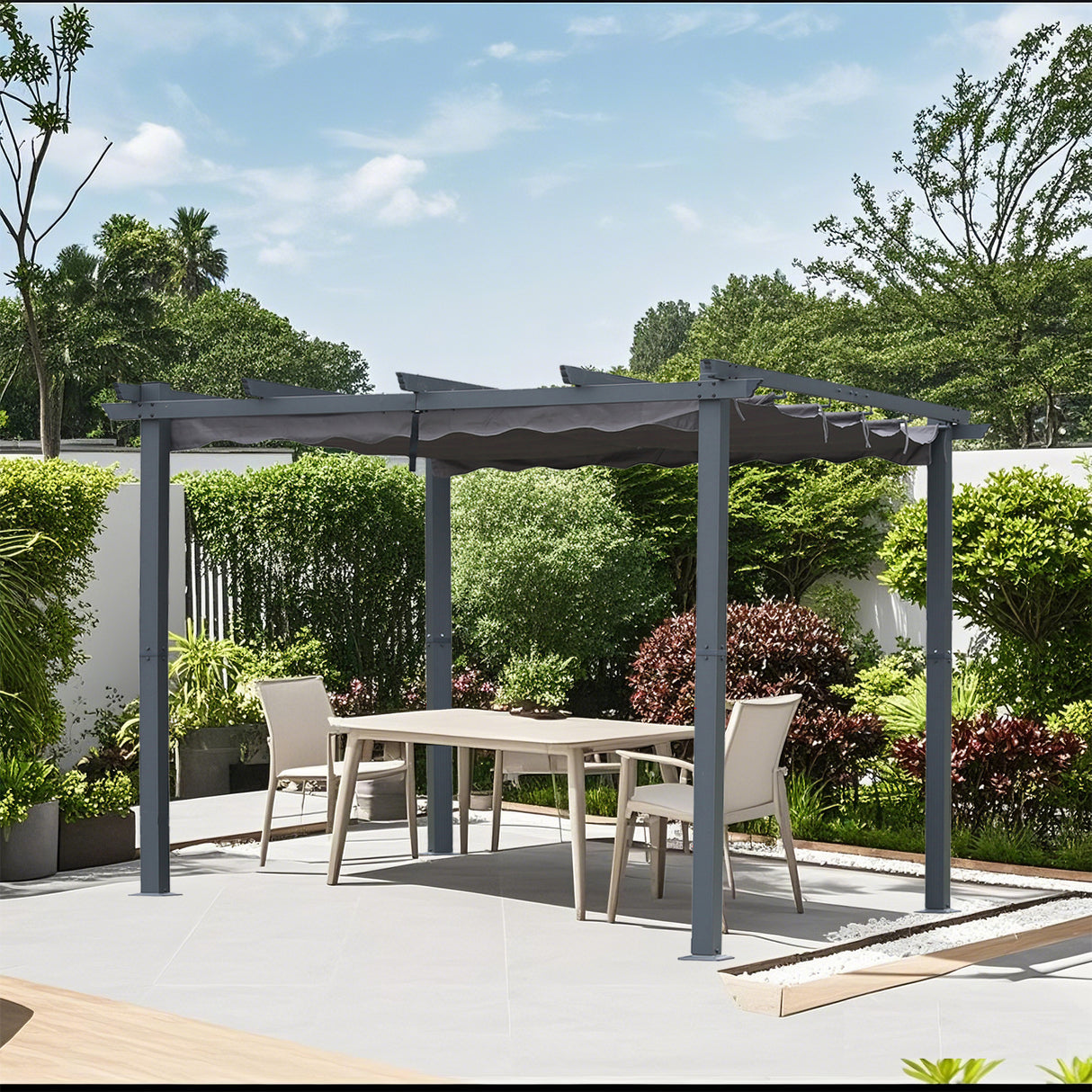 Pergola aus Aluminium in anthrazit, Dachrohre aus Stahl, Verstellbares Dach aus Polyester