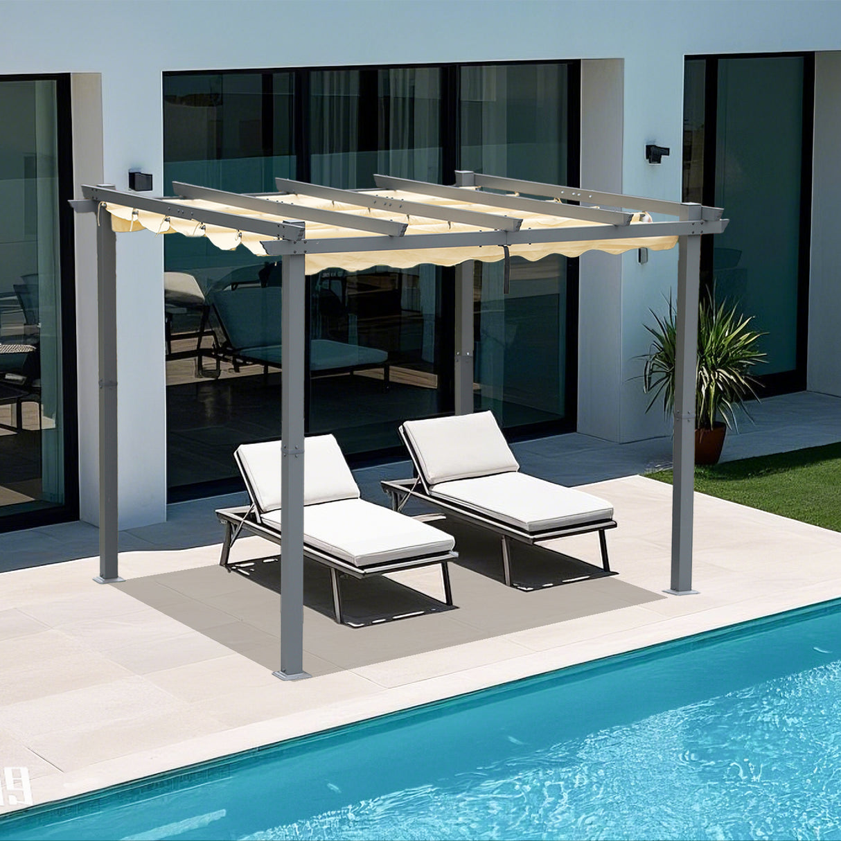 Pergola aus Aluminium in anthrazit, Dachrohre aus Stahl, Verstellbares Dach aus Polyester