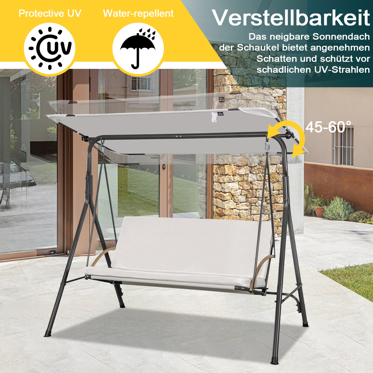 Angel Living Hollywoodschaukel 3-Sitzer Gartenschaukel mit Sonnendach und Sitzbezug 170 x 110 x 152 cm Weiß