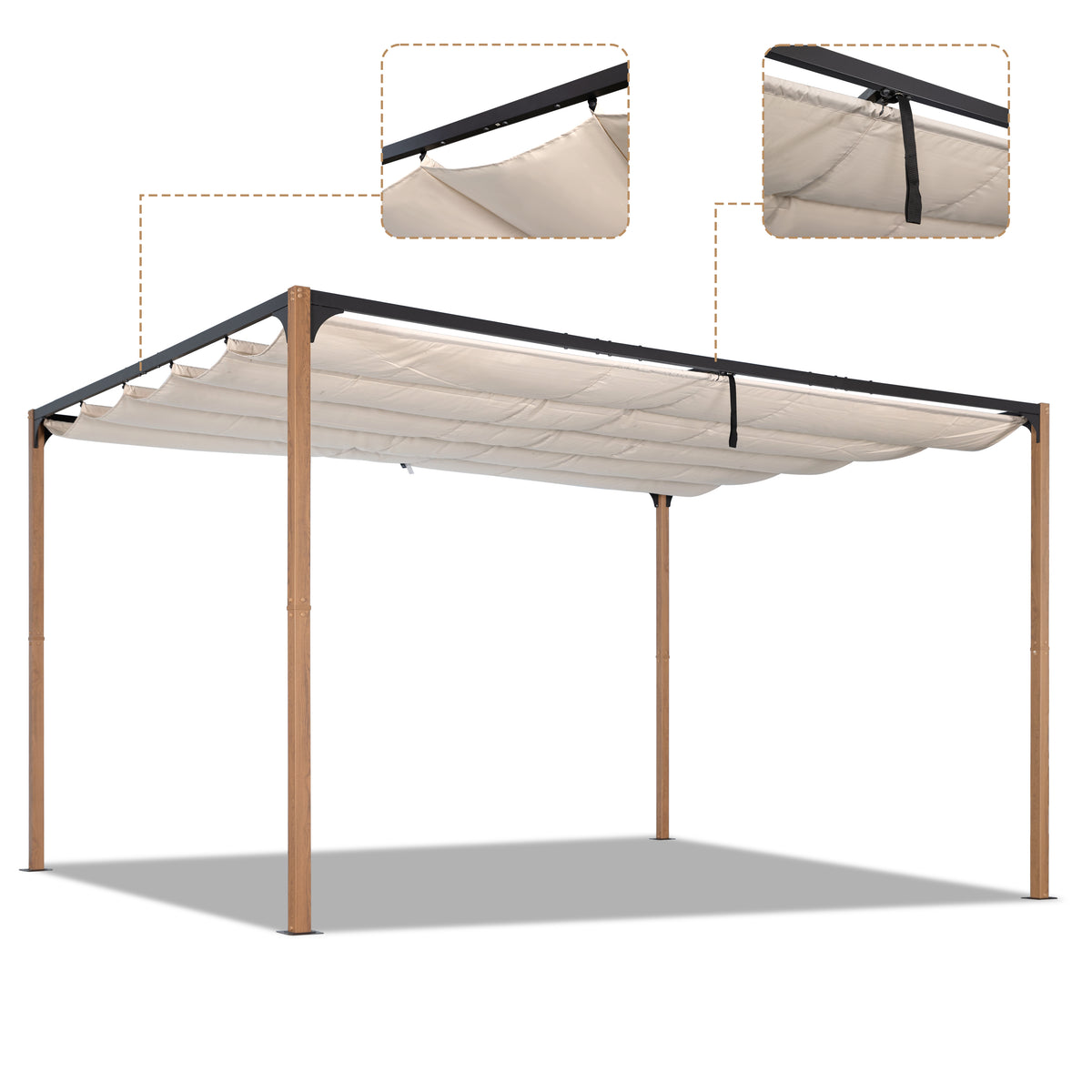 Angel Living Pergola aus einer Stahl-Aluminium-Kombination, 3 x 4 m, mit Einziehbarem Dach, Wasserdichtes Dach ohne Einfassung aus Polyester mit PU-Beschichtung, UV-beständig, für den Außenbereich: Garten, Terrasse (Cremegelb)