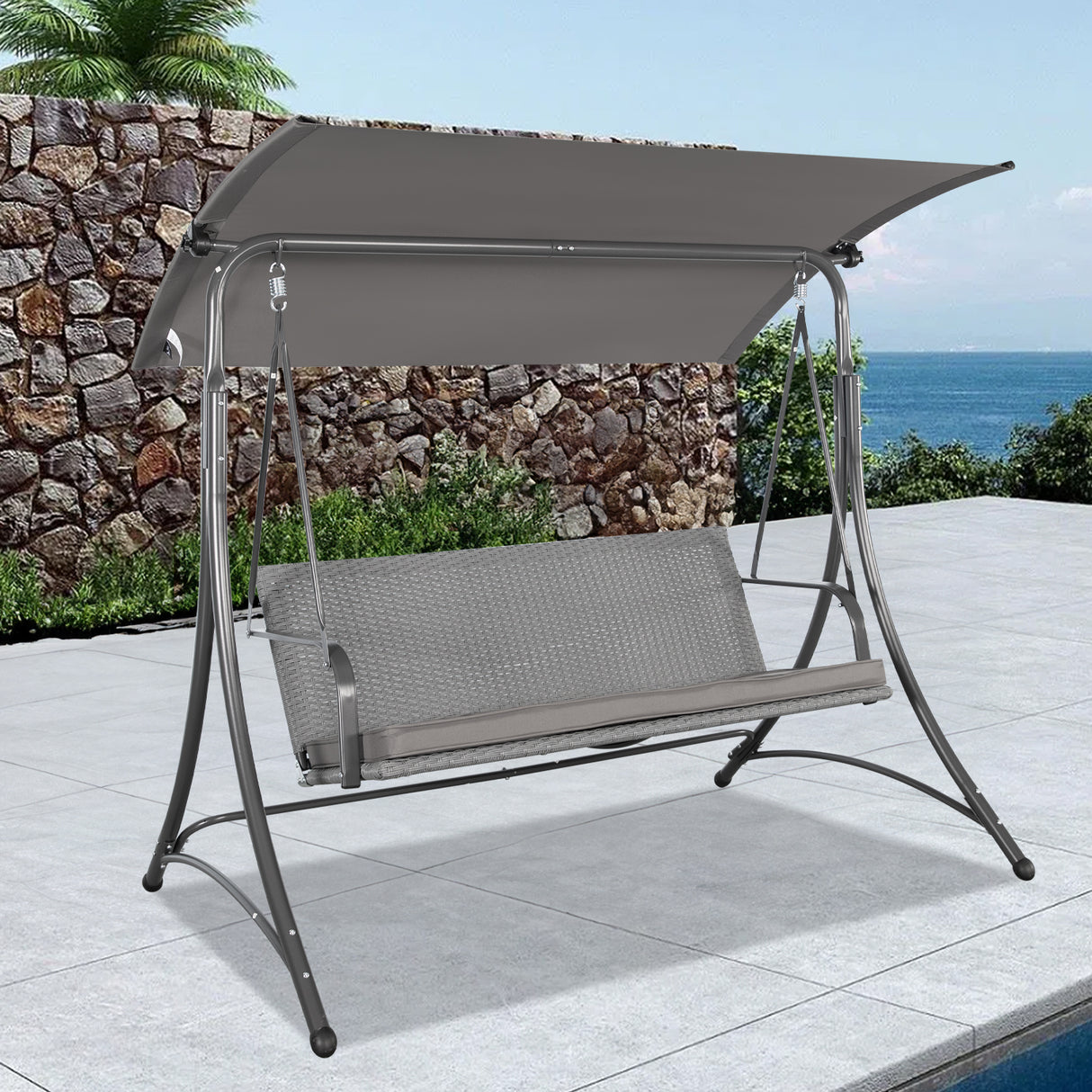 Angel Living Hollywoodschaukel Gartenschaukel Rattan 3-Sitzer mit Sonnendach und Sitzbezug170 x 110 x 157 cm