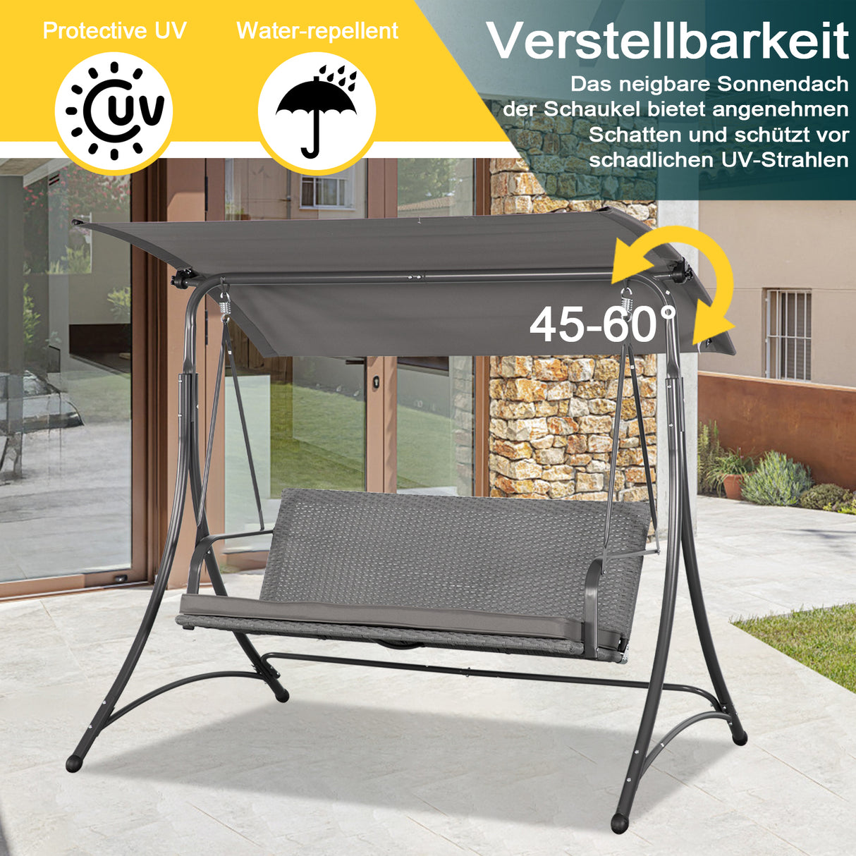 Angel Living Hollywoodschaukel Gartenschaukel Rattan 3-Sitzer mit Sonnendach und Sitzbezug170 x 110 x 157 cm