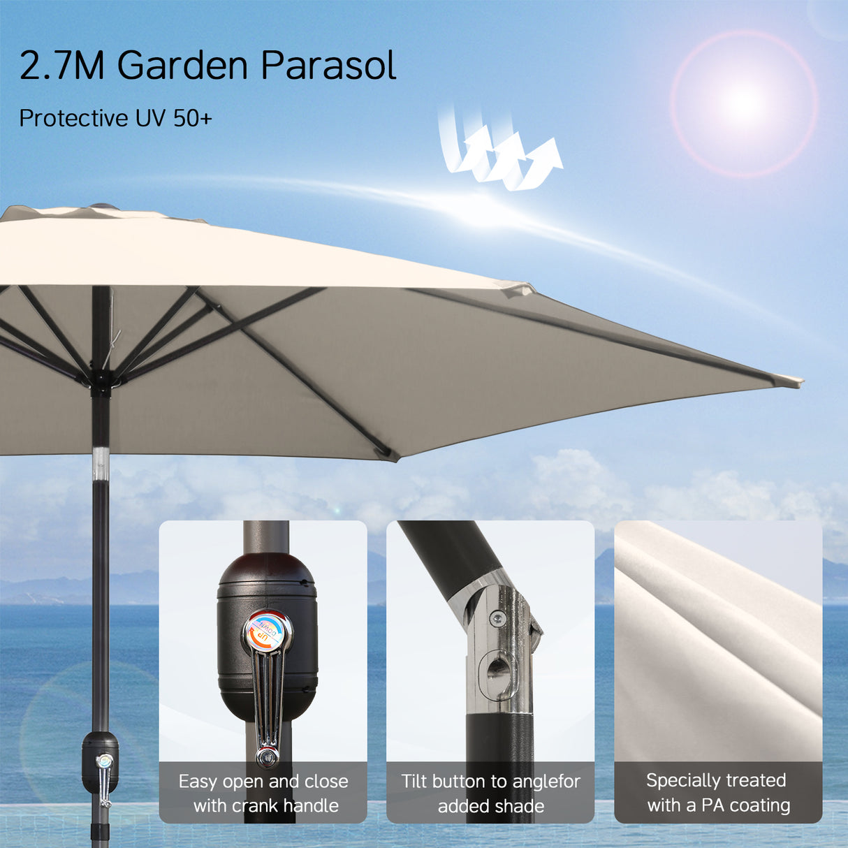 Angel Living Sonnenschirm Ø 270 cm Gartenschirm Marktschirm Terrassenschirm Taupe Rund Sonneschirm Sonnenschutz aus aus Metall, Stahl und Polyester UV50+