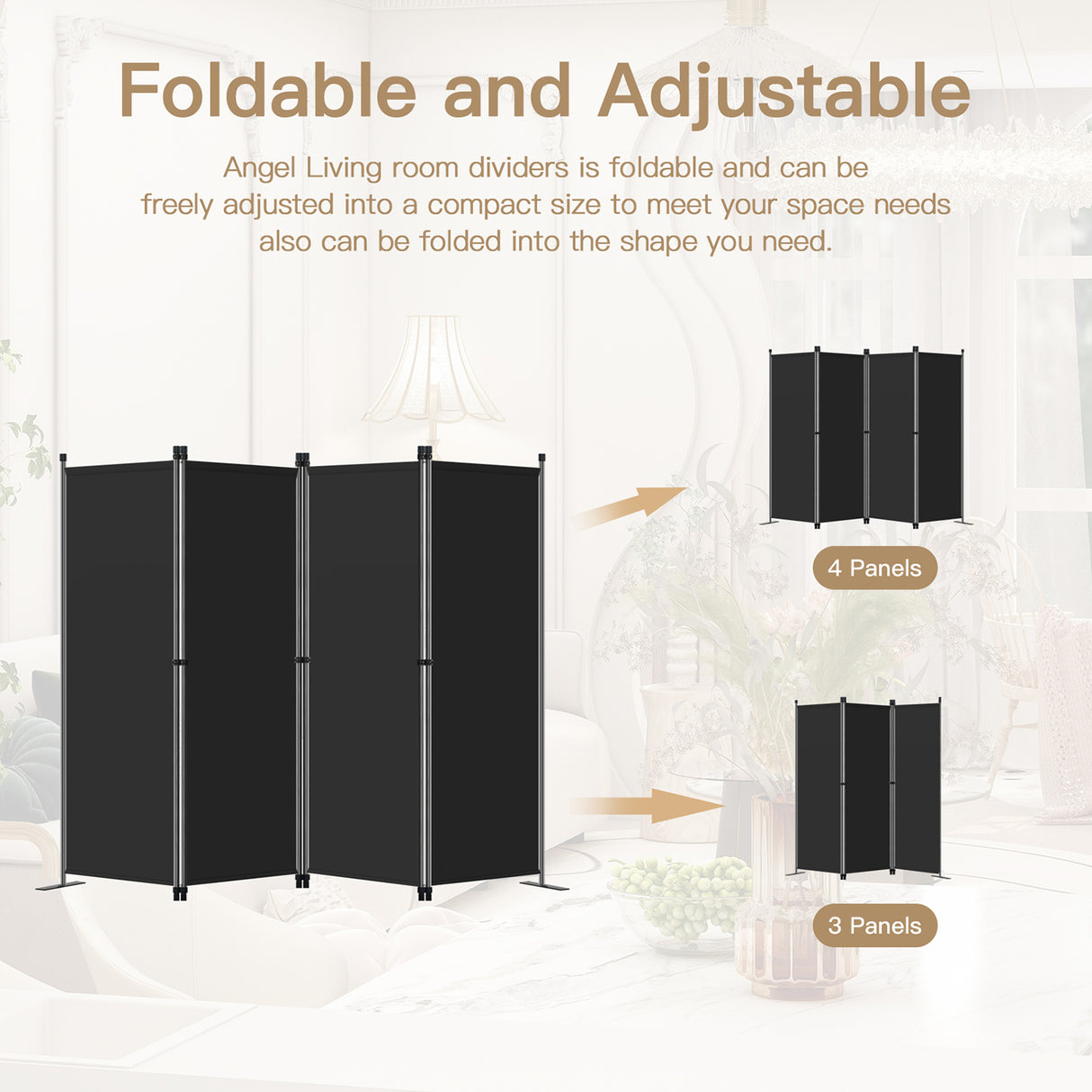 Angel Living Paravant 4pcsper écran, écran pliant Espace diviseur protection oculaire en acier et polyester