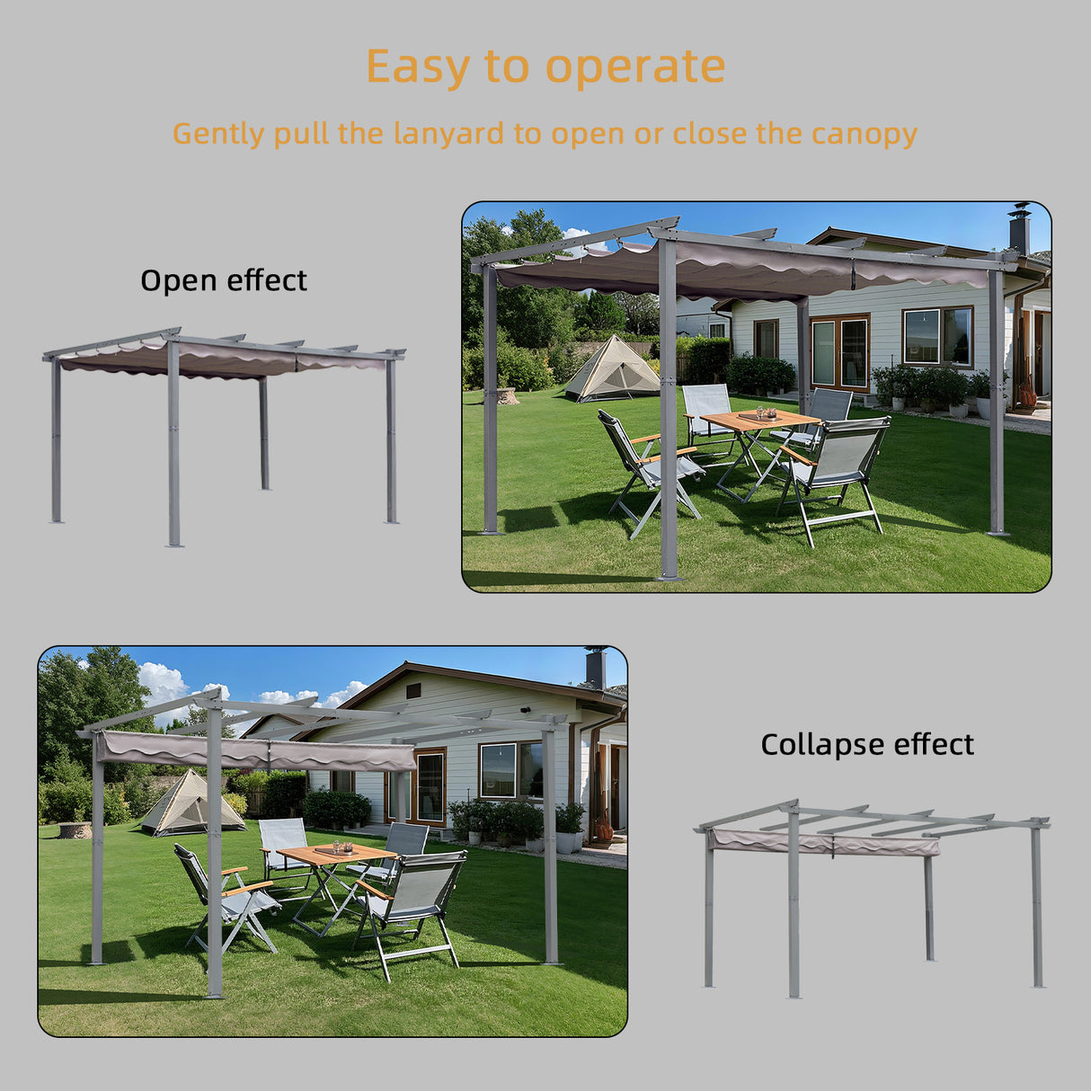 Pergola aus Aluminium in anthrazit, Dachrohre aus Stahl, Verstellbares Dach aus Polyester