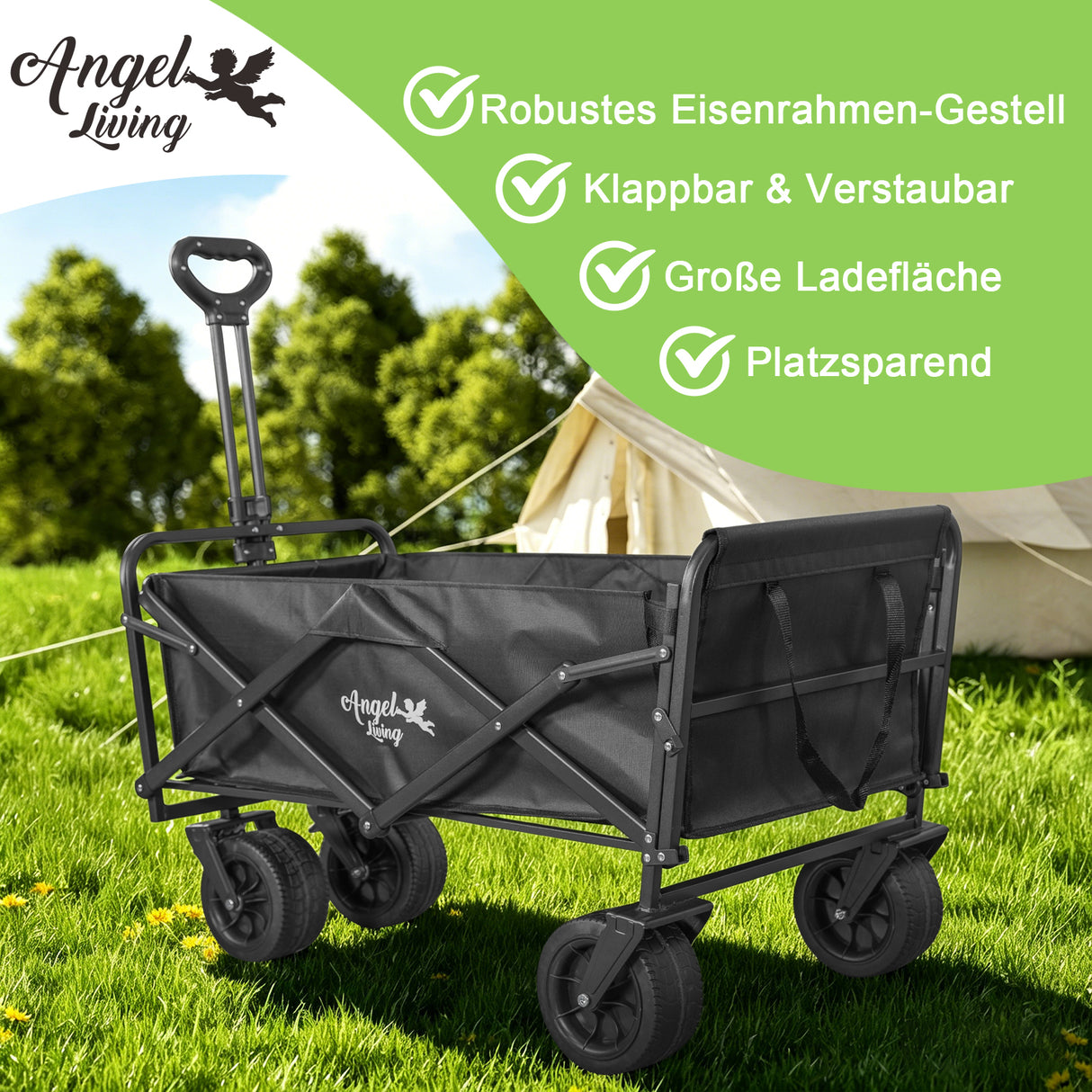 Angel Living Bollerwagen Faltbar 350L mit tragkraft bis150KG, Handwagen Klappbar, Faltbarer Campingwagen mit höhenverstellbarem Griff und hinterer Türöffnung, leicht und platzsparend, stabil