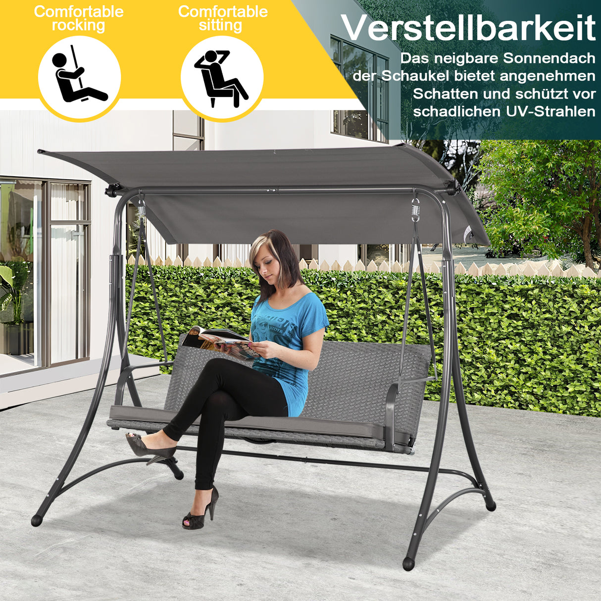 Angel Living Hollywoodschaukel Gartenschaukel Rattan 3-Sitzer mit Sonnendach und Sitzbezug170 x 110 x 157 cm