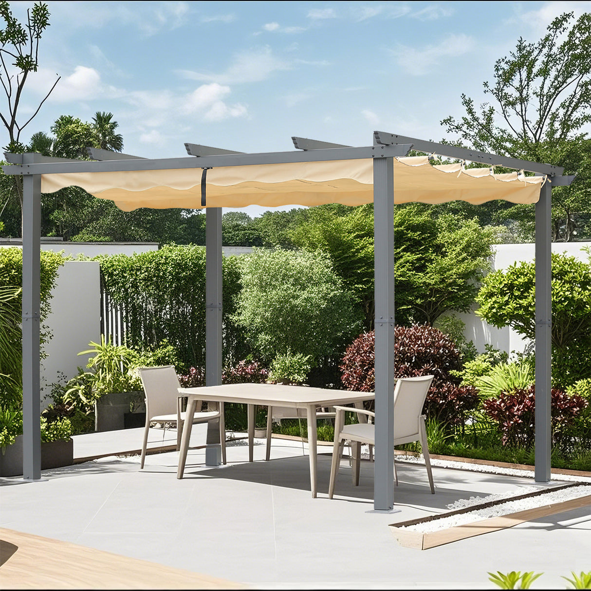 Pergola aus Aluminium in anthrazit, Dachrohre aus Stahl, Verstellbares Dach aus Polyester