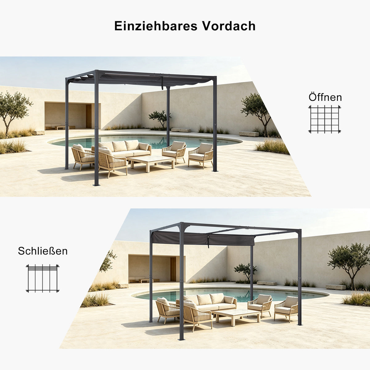 Angel Living Pergola aus einer Stahl-Aluminium-Kombination, 3 x 2 m, mit einziehbarem Dach, wasserdichtes Dach ohne Einfassung aus Polyester mit PU-Beschichtung, UV-beständig, für den Außenbereich: Garten, Terrasse
