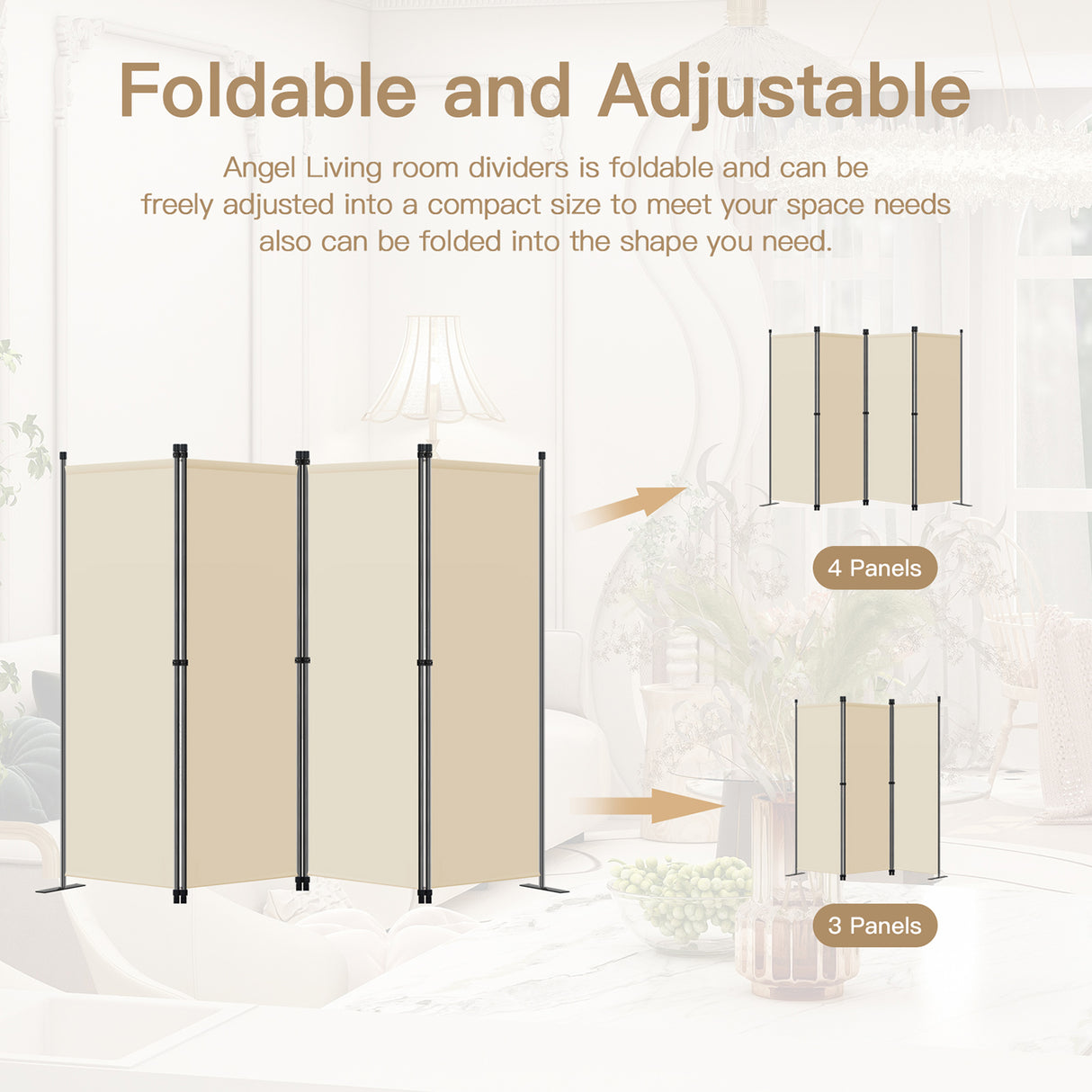 Angel Living Paravant 4pcsper écran, écran pliant Espace diviseur protection oculaire en acier et polyester