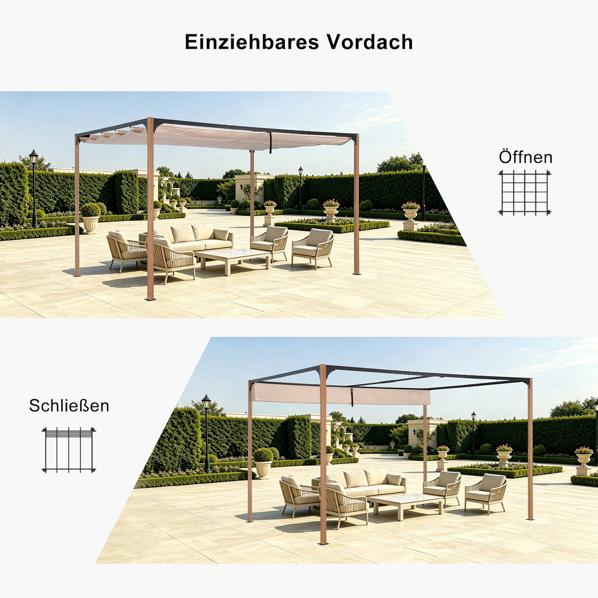 Angel Living Pergola aus einer Stahl-Aluminium-Kombination, 3 x 4 m, mit Einziehbarem Dach, Wasserdichtes Dach ohne Einfassung aus Polyester mit PU-Beschichtung, UV-beständig, für den Außenbereich: Garten, Terrasse (Cremegelb)