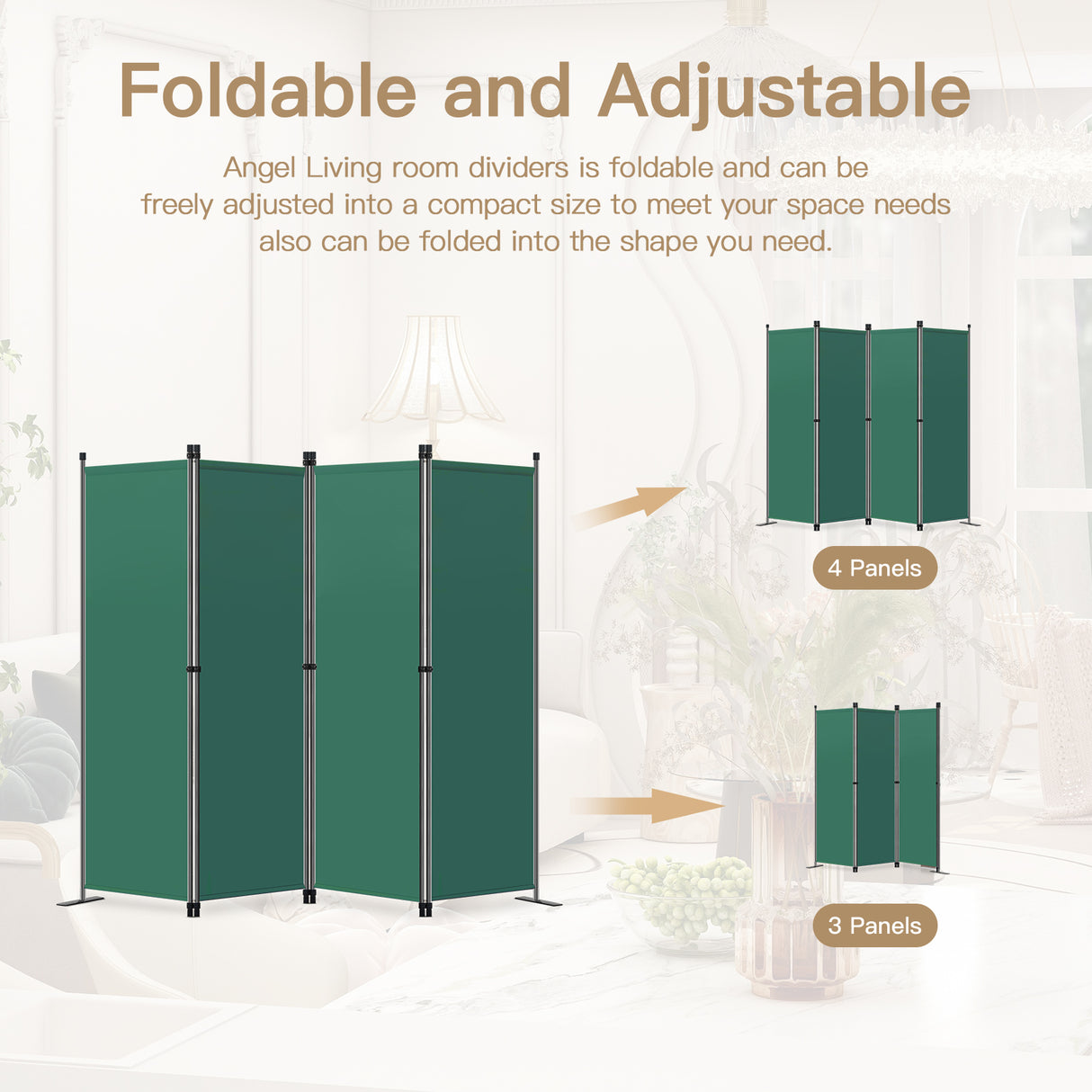 Angel Living Paravant 4pcsper écran, écran pliant Espace diviseur protection oculaire en acier et polyester