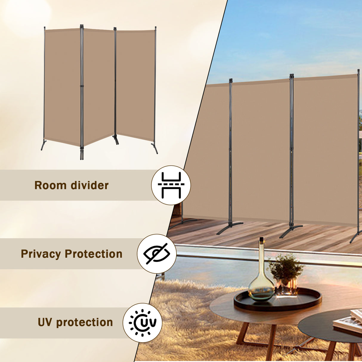 Paravent Raumteiler Outdoor Sichtschutz 243 x 169 cm, 3 Paneele