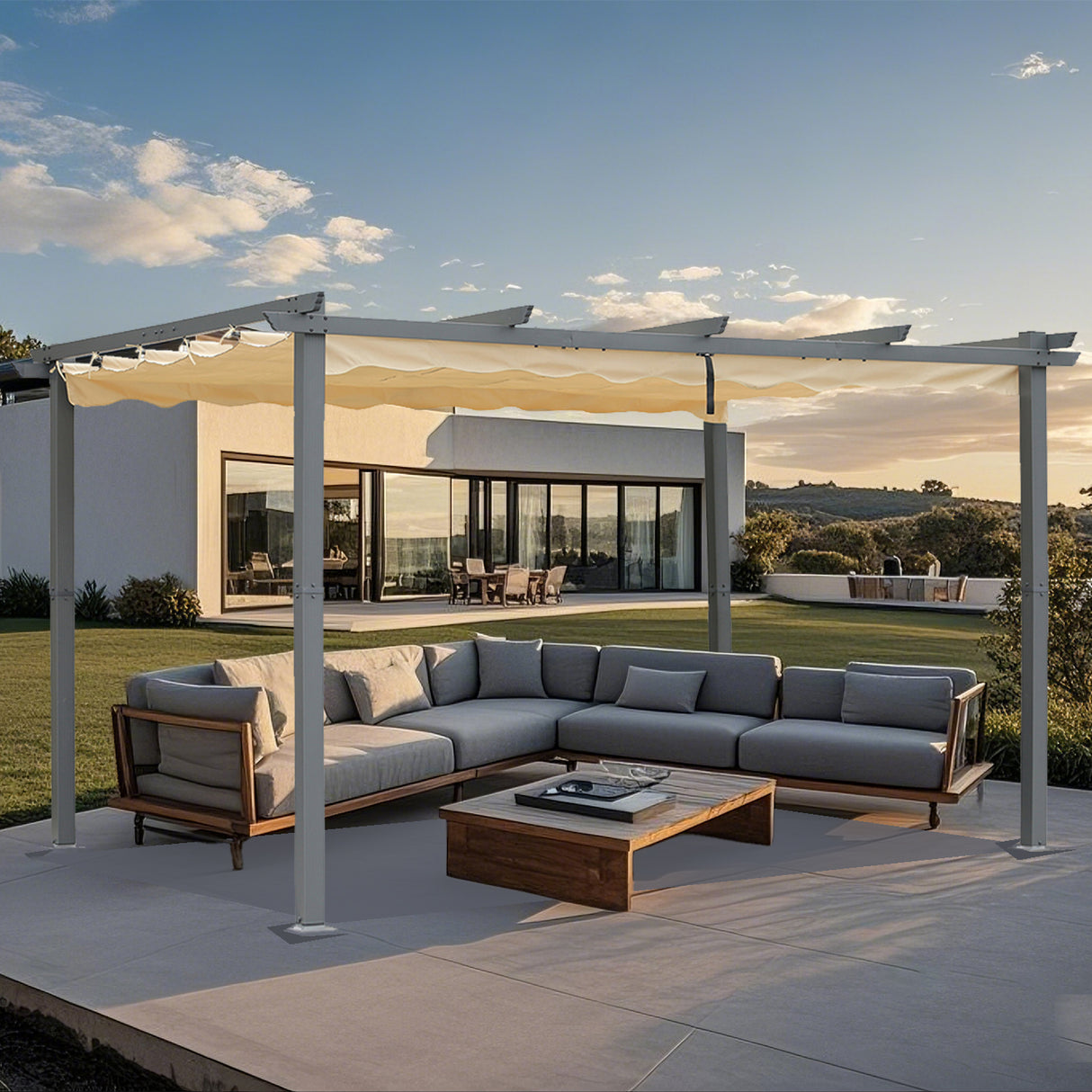 Pergola aus Aluminium in anthrazit, Dachrohre aus Stahl, Verstellbares Dach aus Polyester