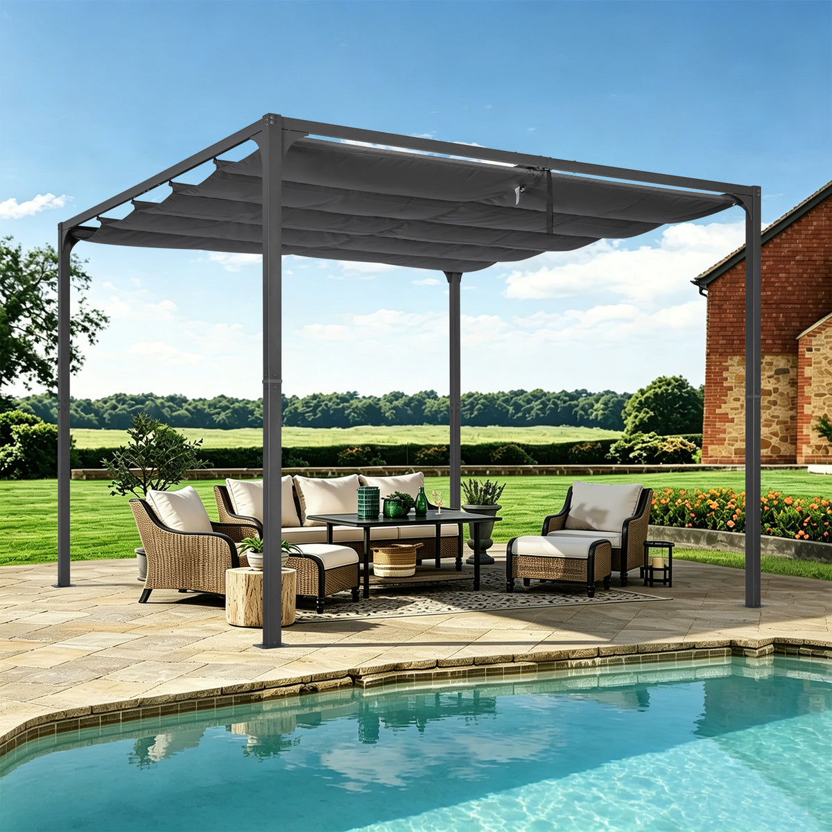 Angel Living Pergola aus einer Stahl-Aluminium-Kombination mit einziehbarem Dach, wasserdichtes Dach ohne Einfassung aus Polyester mit PU-Beschichtung, UV-beständig, für den Außenbereich: Garten, Terrasse
