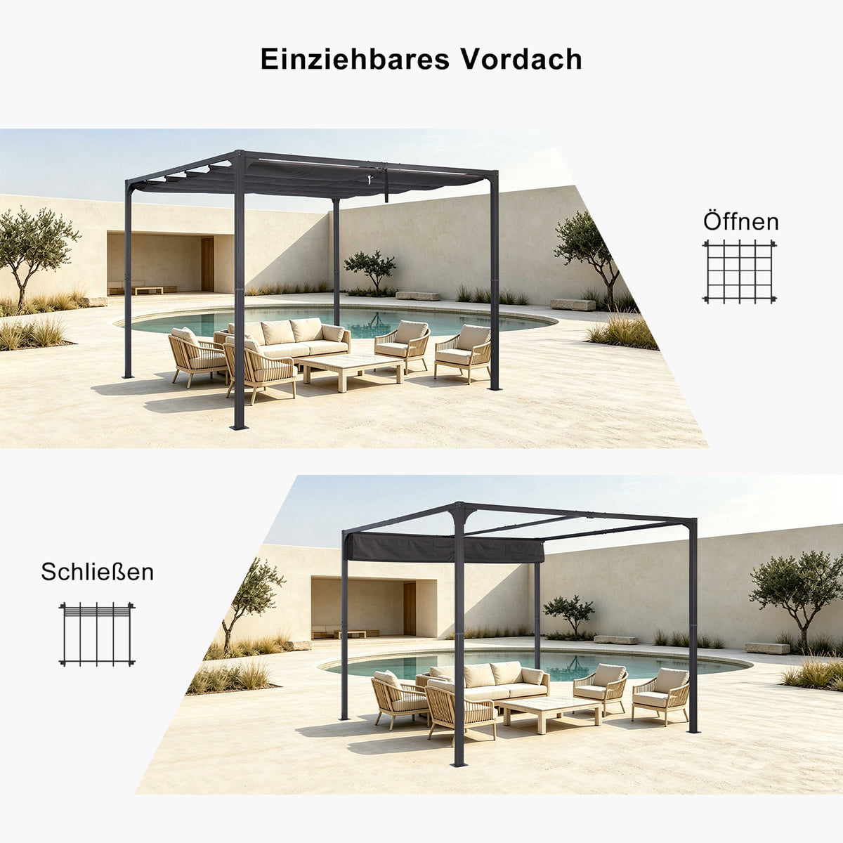 Angel Living Pergola aus einer Stahl-Aluminium-Kombination mit einziehbarem Dach, wasserdichtes Dach ohne Einfassung aus Polyester mit PU-Beschichtung, UV-beständig, für den Außenbereich: Garten, Terrasse
