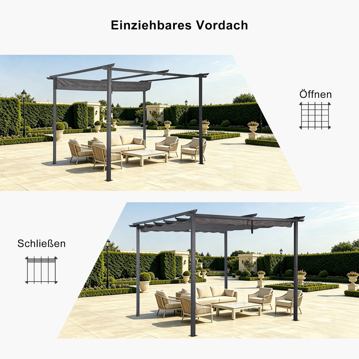 Angel Living Pergola aus einer Stahl-Aluminium-Kombination mit einziehbarem Dach, wasserdichtes Dach aus Polyester mit PU-Beschichtung, UV-beständig, für den Außenbereich: Garten, Terrasse
