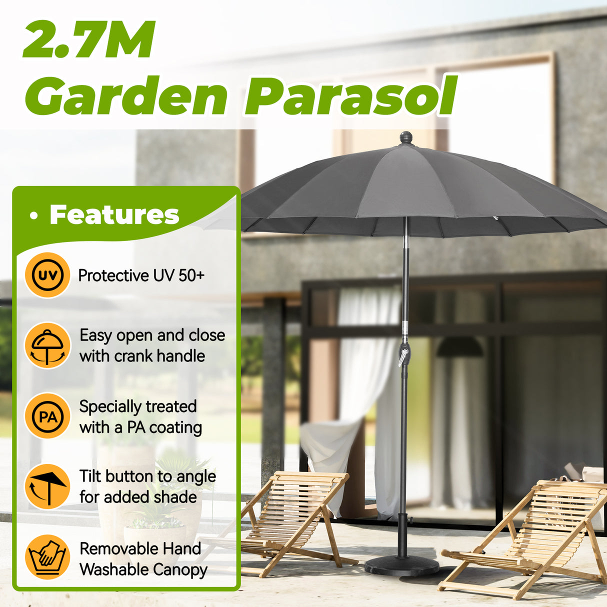 Angel Living sombrilla redonda de 270 cm de diámetro con inclinación, sombrilla de mercado, sombrilla con manivela para jardín, patios, patios, piscinas, con protección UV 50+