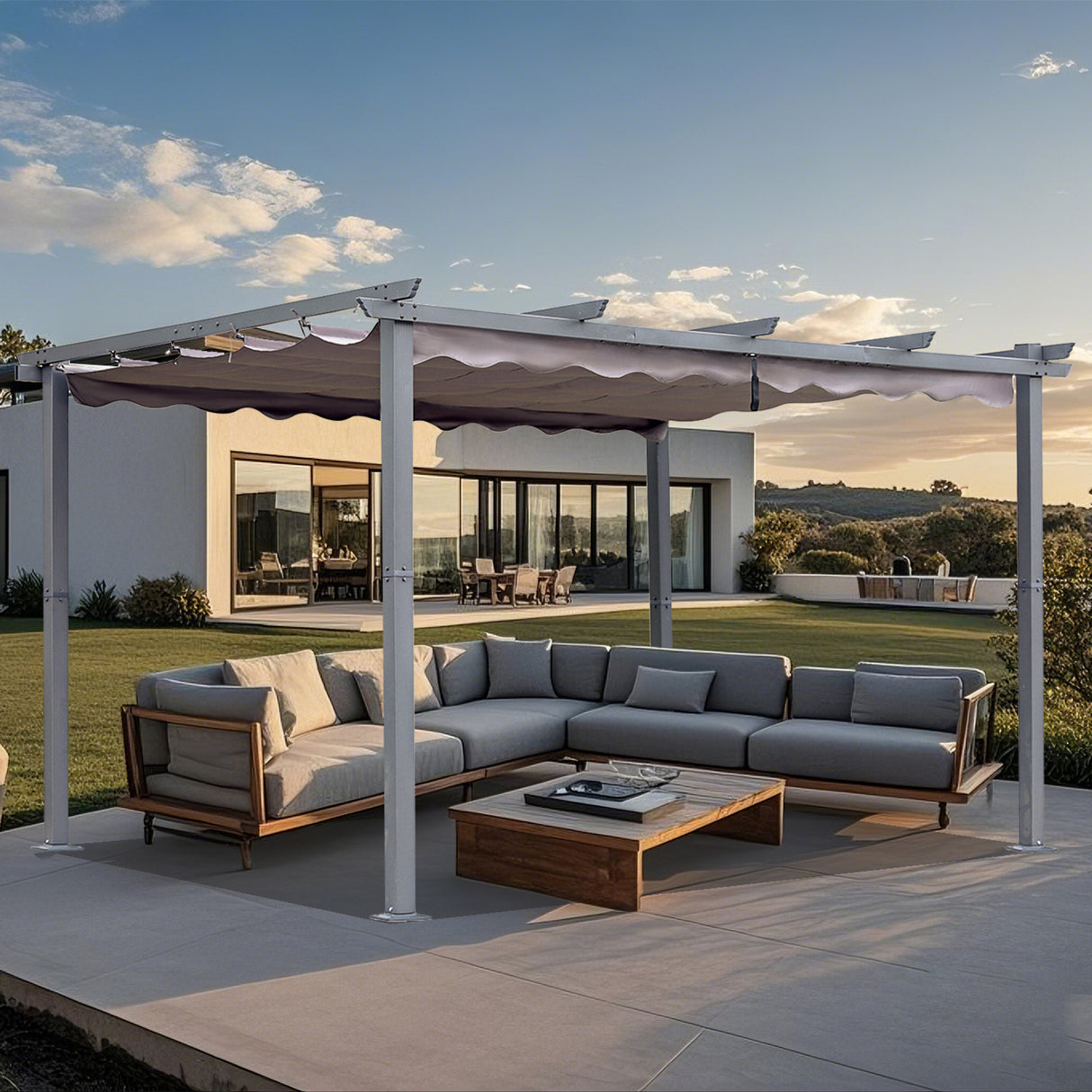 Pergola aus Aluminium in anthrazit, Dachrohre aus Stahl, Verstellbares Dach aus Polyester