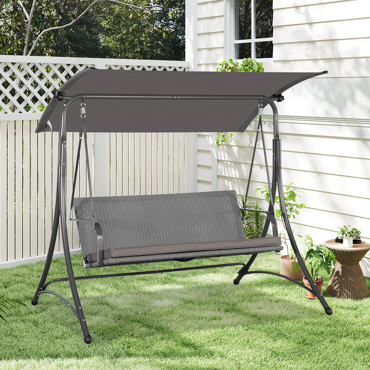 Angel Living Hollywoodschaukel Gartenschaukel Rattan 3-Sitzer mit Sonnendach und Sitzbezug170 x 110 x 157 cm