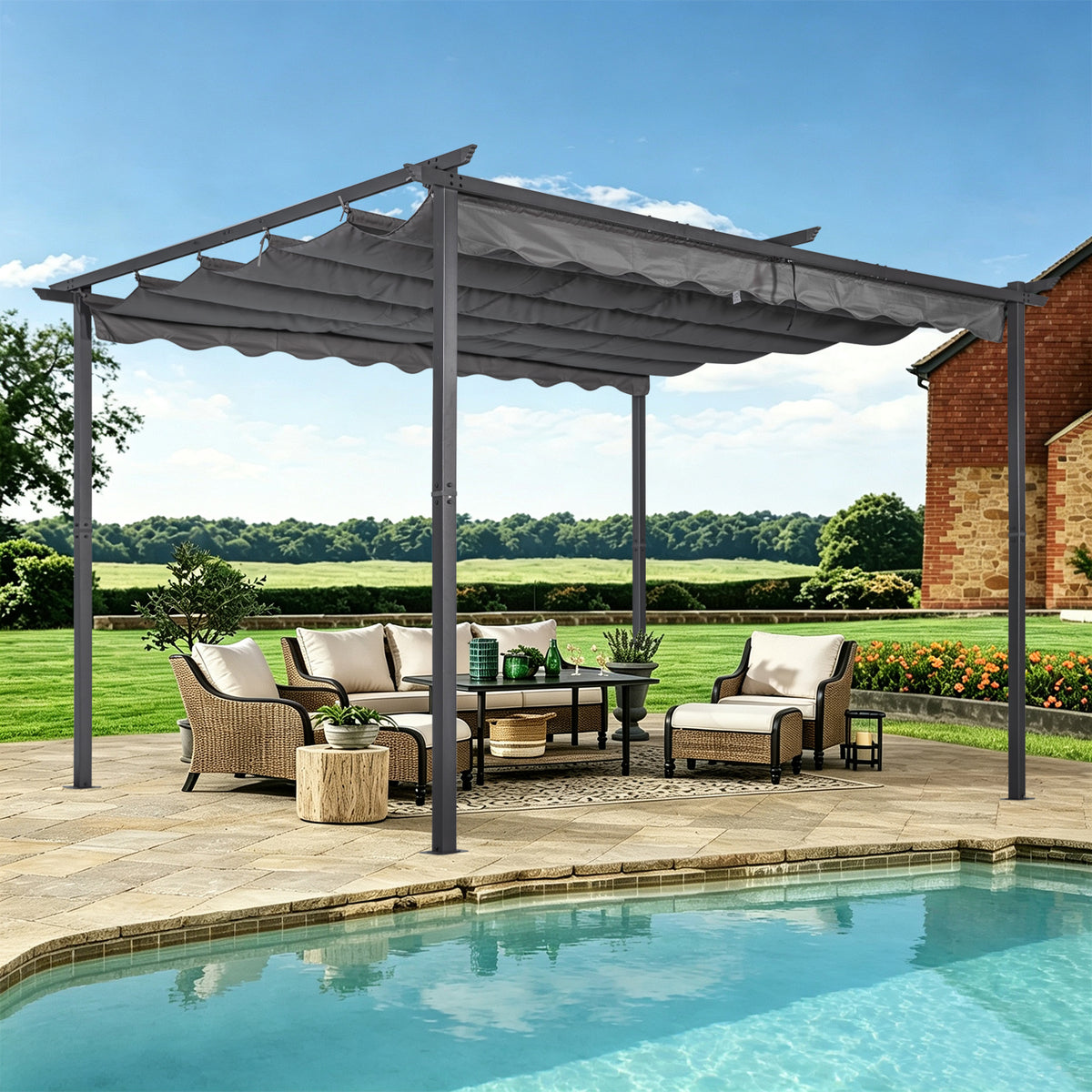Angel Living Pergola aus einer Stahl-Aluminium-Kombination mit einziehbarem Dach, wasserdichtes Dach aus Polyester mit PU-Beschichtung, UV-beständig, für den Außenbereich: Garten, Terrasse