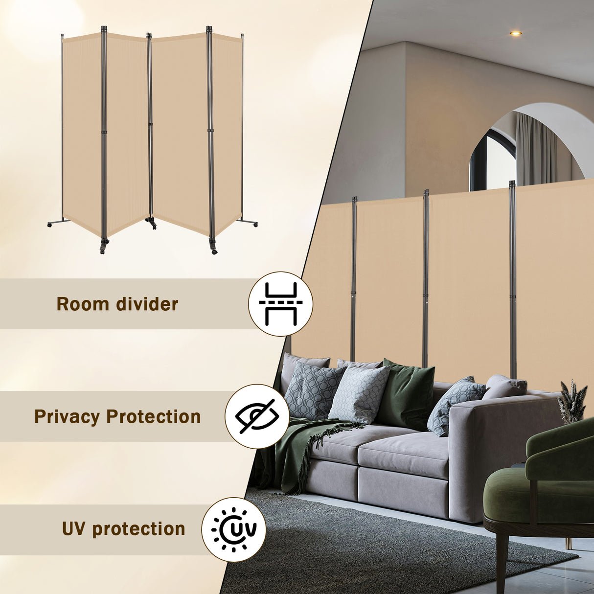 Angel Living Paravent Raumteiler 4 Teilig 324x180 cm, Faltbare Trennwand Spanische Wand, Dekorativer Paravent als Raumtrenner für Wohnzimmer Büro Balkon