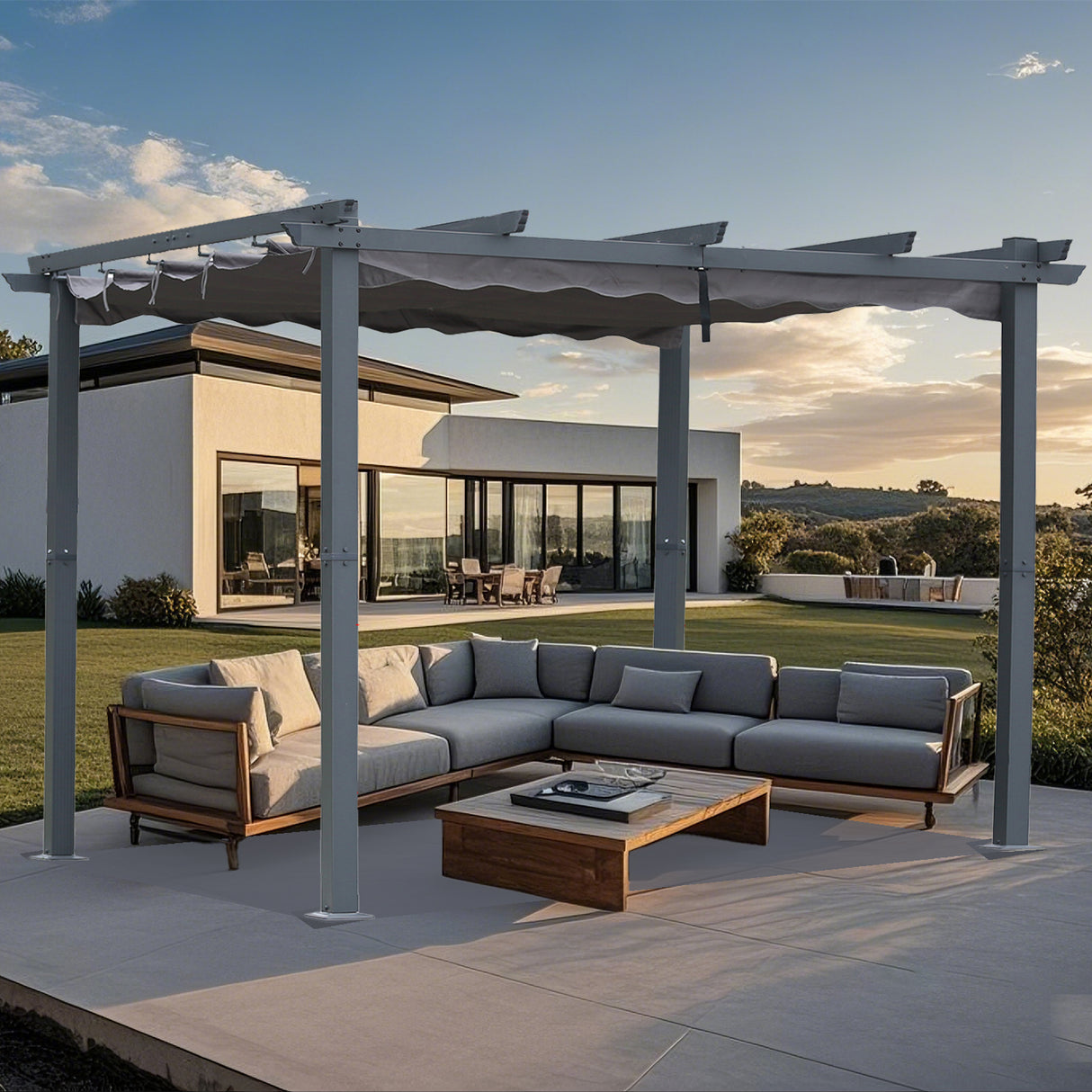 Pergola aus Aluminium in anthrazit, Dachrohre aus Stahl, Verstellbares Dach aus Polyester