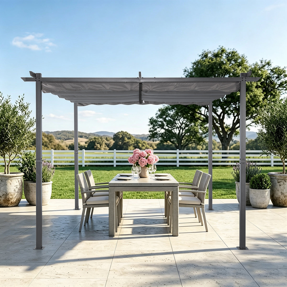 Angel Living Pergola aus einer Stahl-Aluminium-Kombination mit einziehbarem Dach, wasserdichtes Dach aus Polyester mit PU-Beschichtung, UV-beständig, für den Außenbereich: Garten, Terrasse