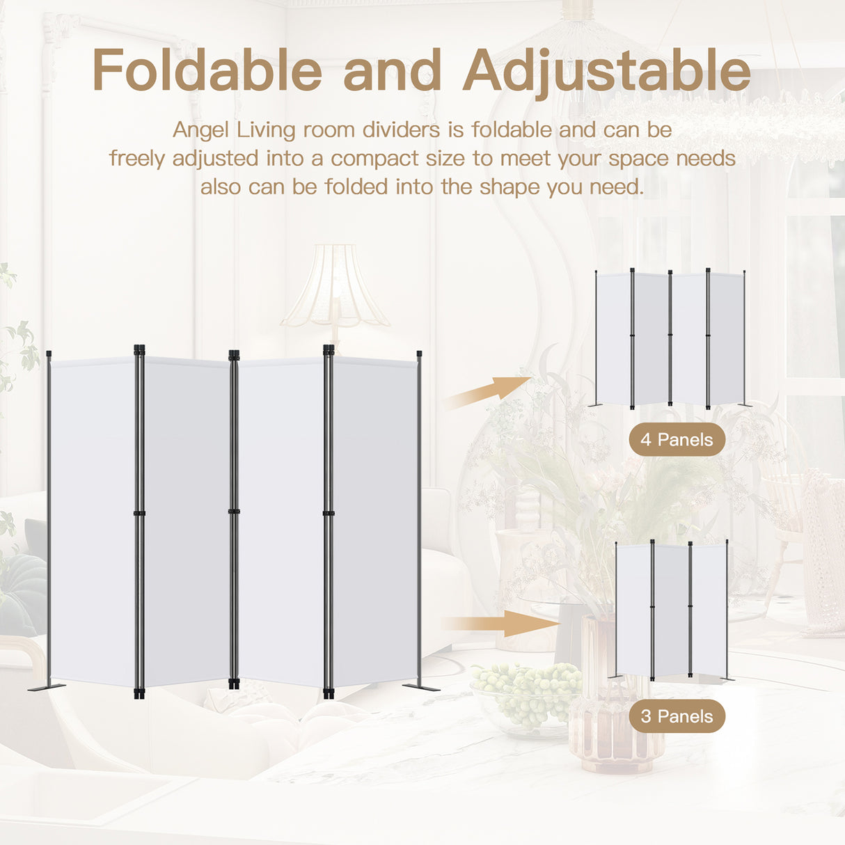 Angel Living Paravant 4pcsper écran, écran pliant Espace diviseur protection oculaire en acier et polyester