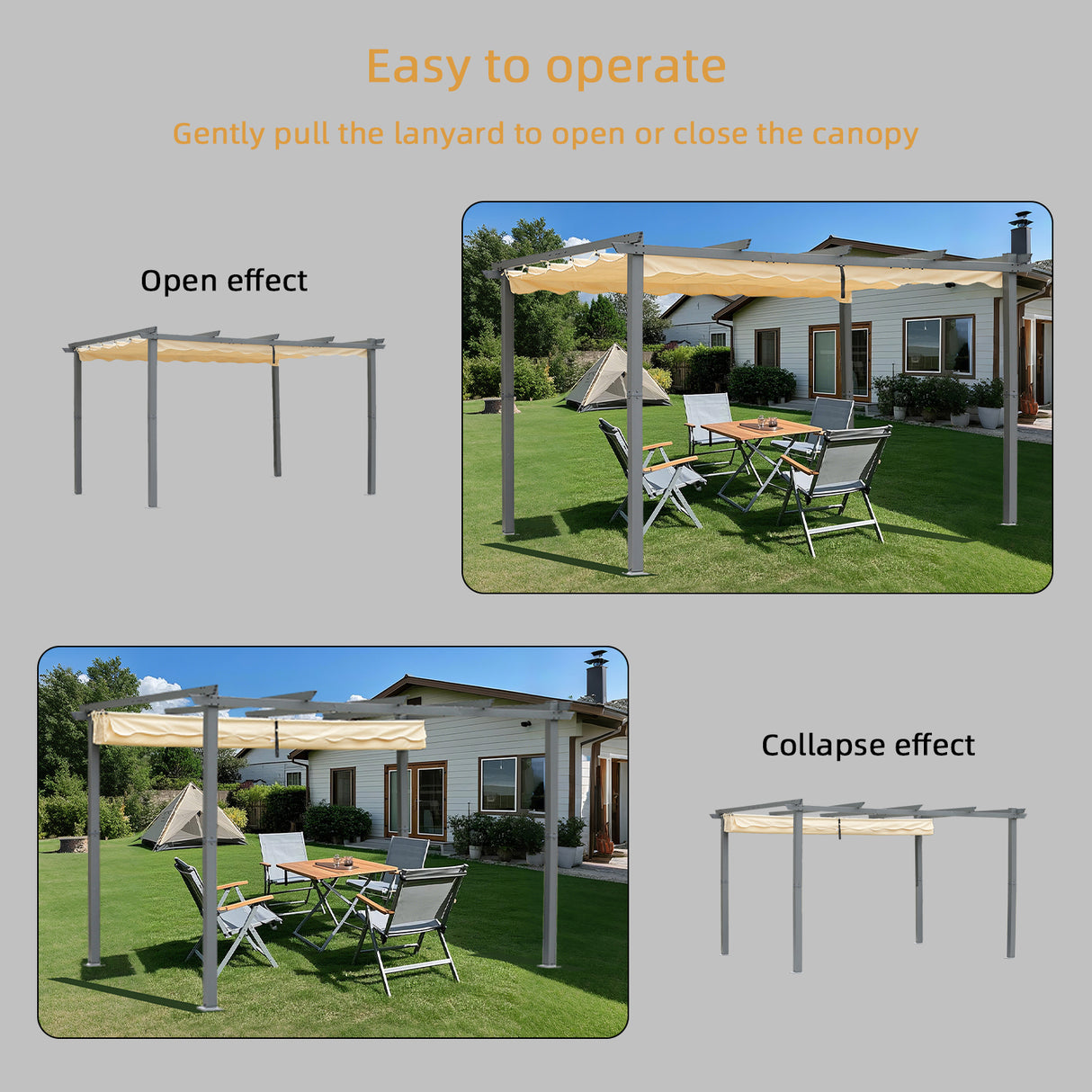 Pergola aus Aluminium in anthrazit, Dachrohre aus Stahl, Verstellbares Dach aus Polyester
