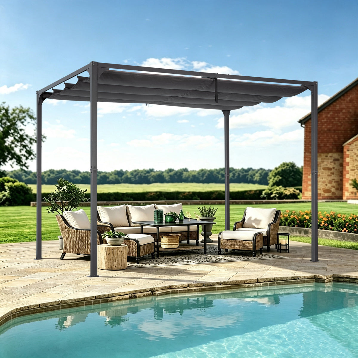 Angel Living Pergola aus einer Stahl-Aluminium-Kombination, 3 x 2 m, mit einziehbarem Dach, wasserdichtes Dach ohne Einfassung aus Polyester mit PU-Beschichtung, UV-beständig, für den Außenbereich: Garten, Terrasse