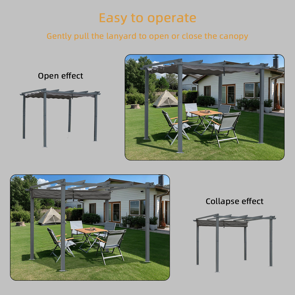 Pergola aus Aluminium in anthrazit, Dachrohre aus Stahl, Verstellbares Dach aus Polyester