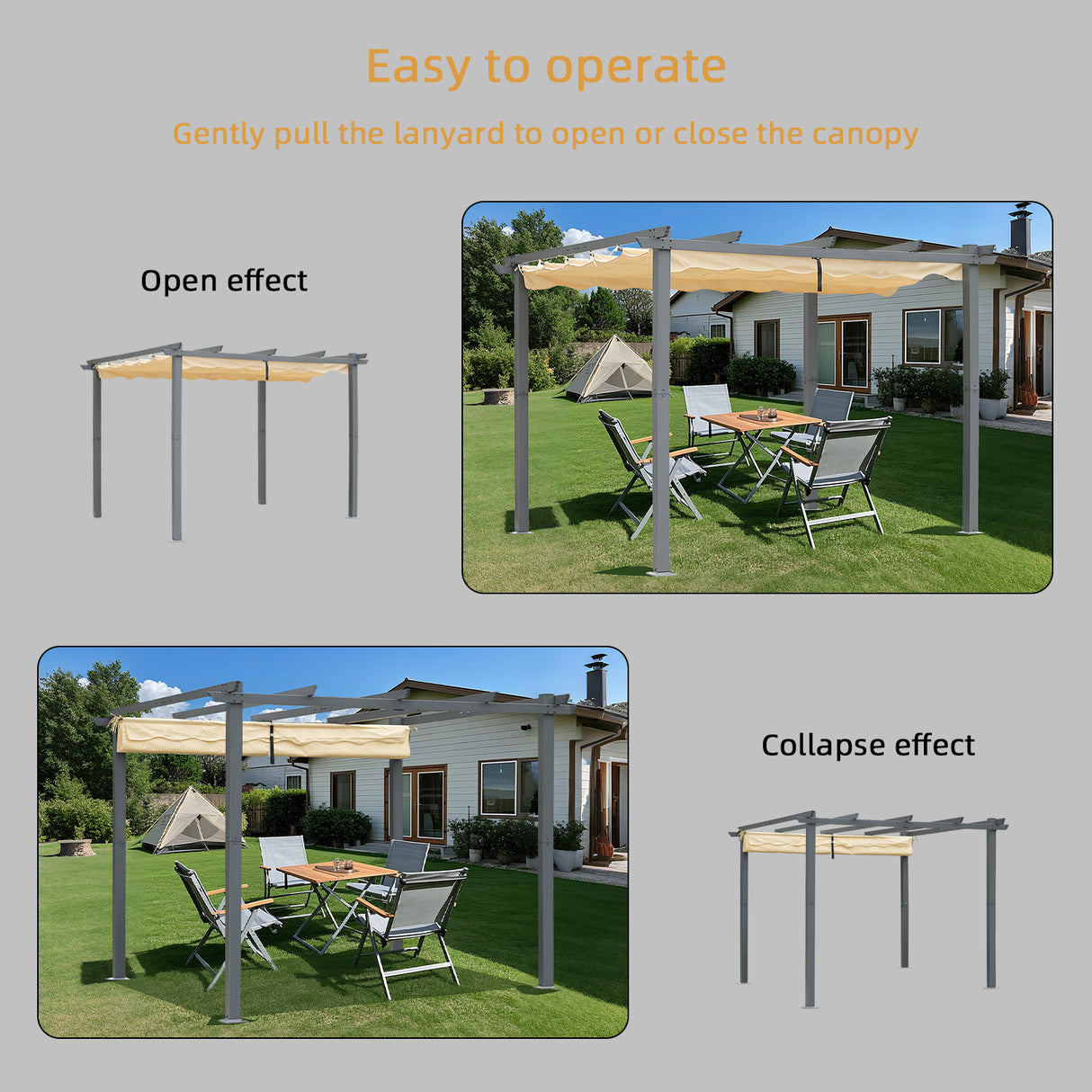 Pergola aus Aluminium in anthrazit, Dachrohre aus Stahl, Verstellbares Dach aus Polyester