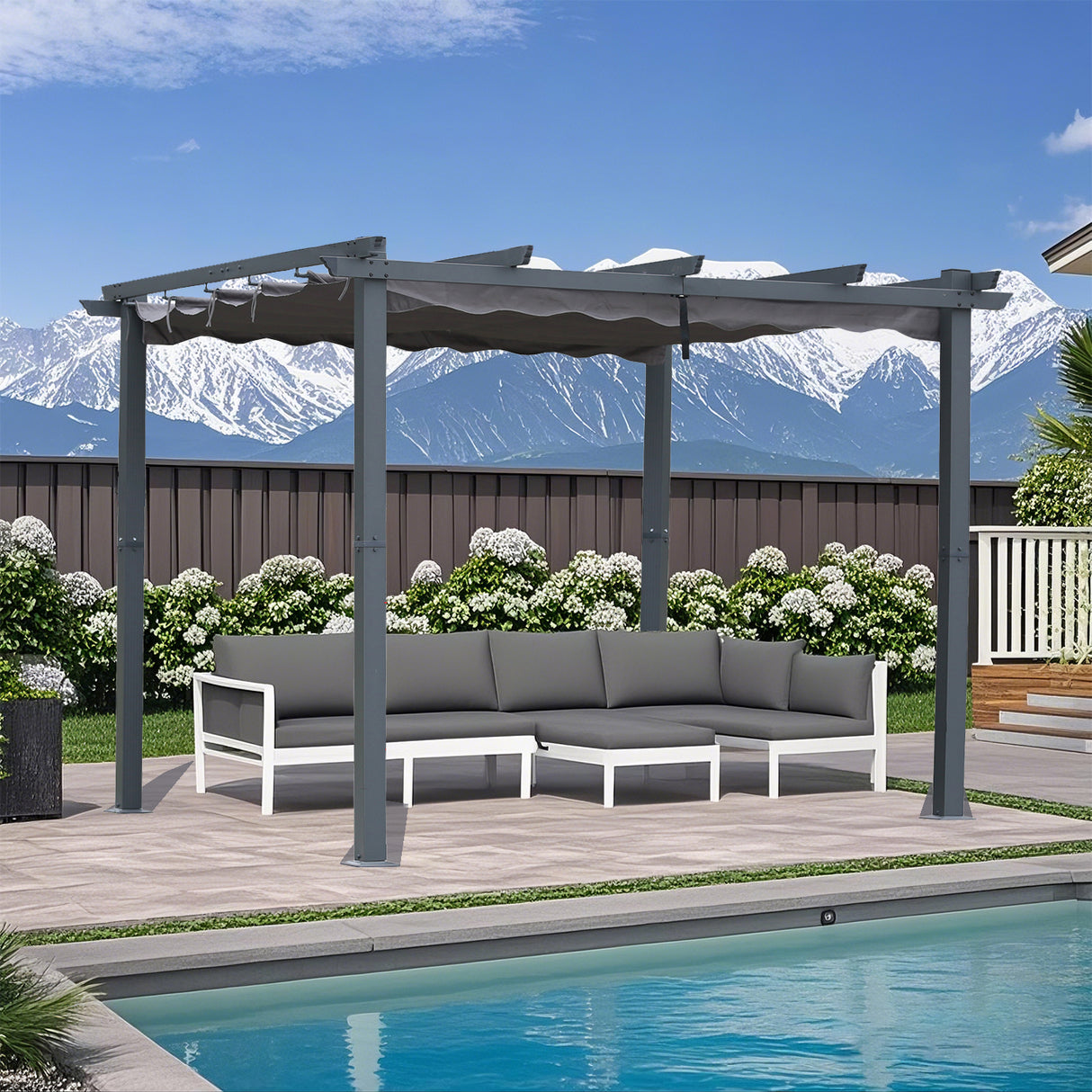 Pergola aus Aluminium in anthrazit, Dachrohre aus Stahl, Verstellbares Dach aus Polyester