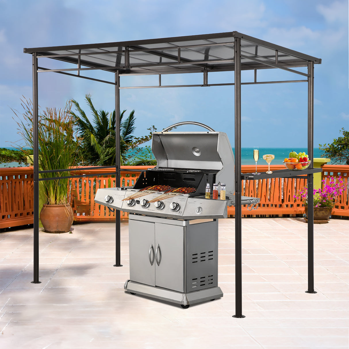 Angel Living Grillpavillon aus Aluminium und Stahl mit PC-Dach, Aluminium-Vordach mit Dunstabzugshaube, Pergola-Pavillon für den Grill mit Stauraum, 1,5 x 2,16 m