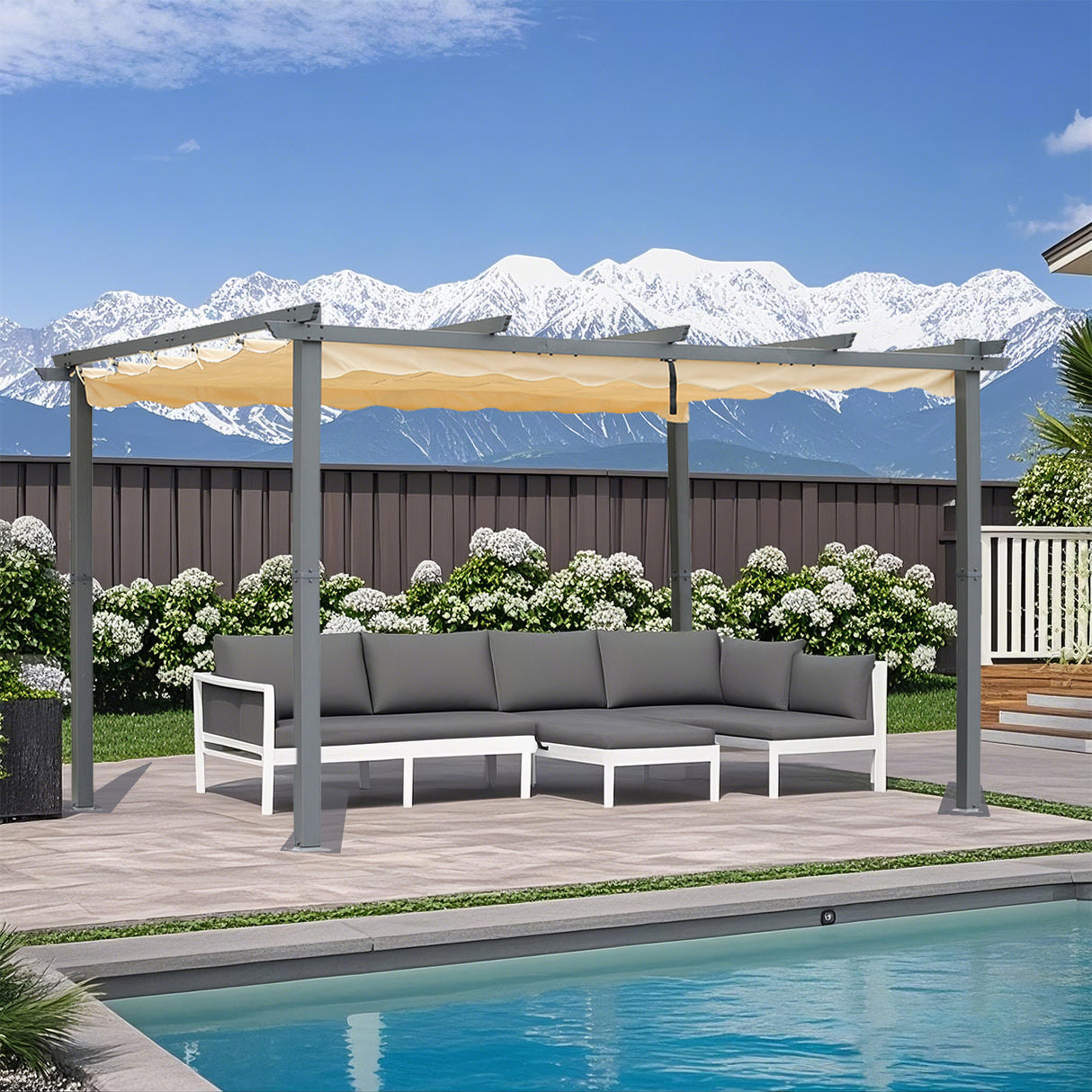 Pergola aus Aluminium in anthrazit, Dachrohre aus Stahl, Verstellbares Dach aus Polyester